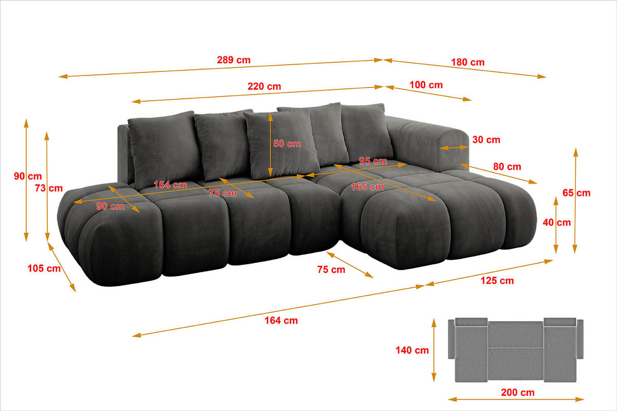 ECKSOFA Ottomane Rechts CLOUD-L-v1 289x180x40 Dunkelgrau Velours - Dunkelgrau, Holzwerkstoff/Kunststoff (289/180cm) - ALTDECOR