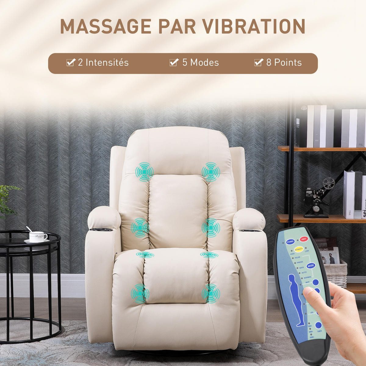 MASSAGESESSEL DE-15404 360° drehbar mit Massage und Heizung - Creme, Leder (94/104/85cm) - ComfortXL