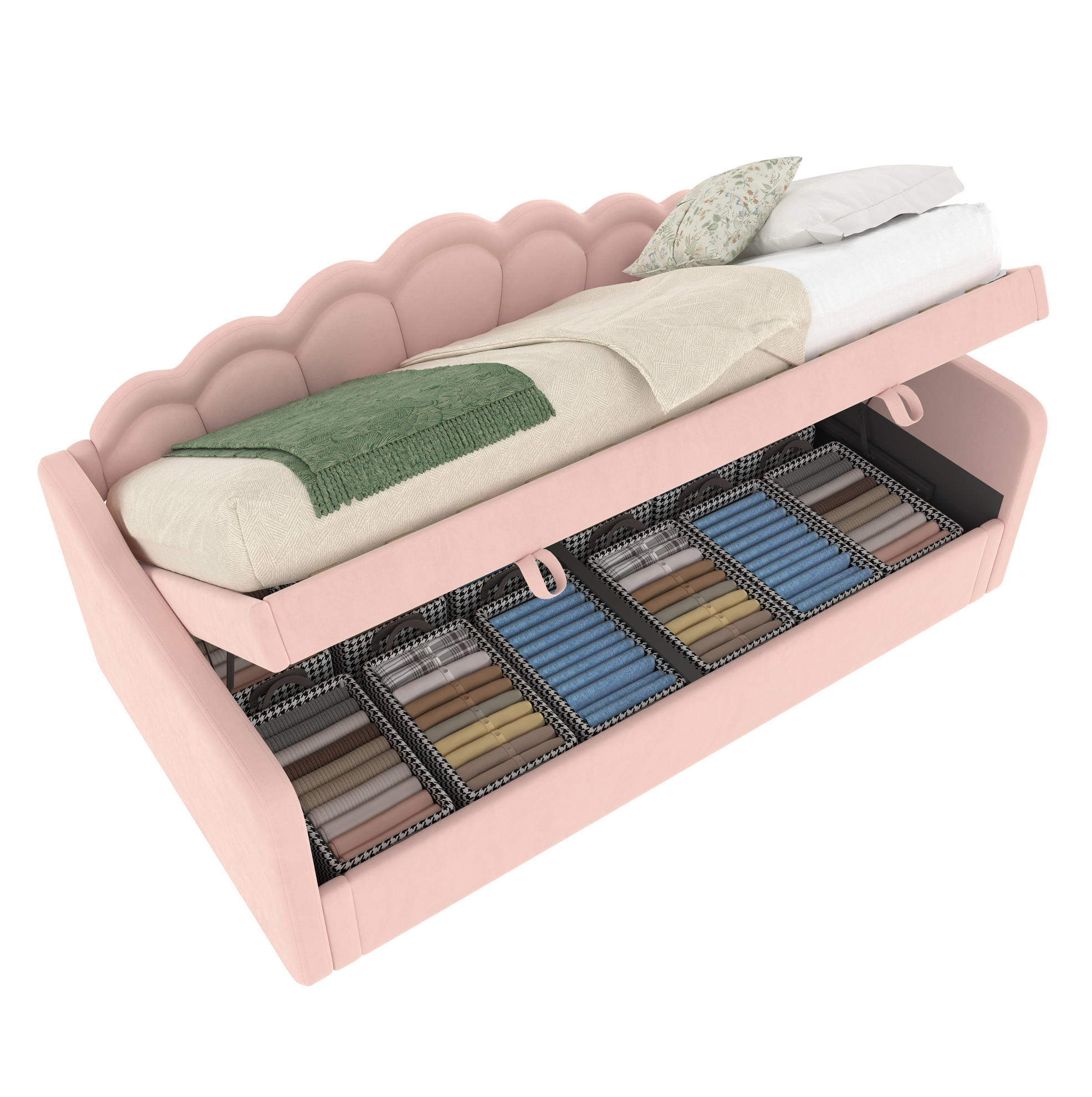 BETT 90/200 cm aus Samt mit Stauraum und LED-Beleuchtung - Rosa, Textil (90/200cm) - Flora Grace