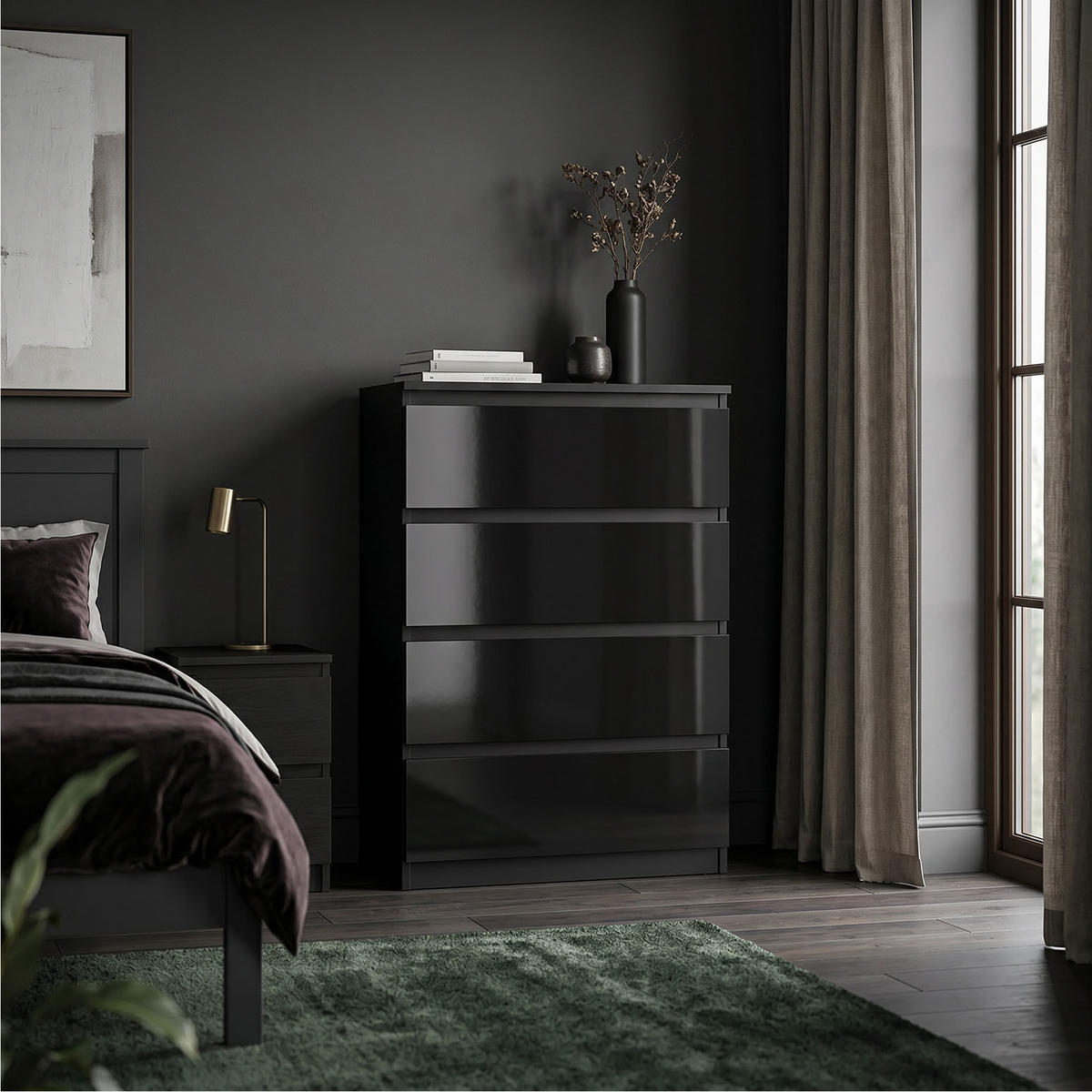 KOMMODE NUDO 70/102/39cm mit 4 Schubladen Türen Schwarz - Schwarz Hochglanz/Schwarz, Holzwerkstoff (70/102/39cm) - MASSENO