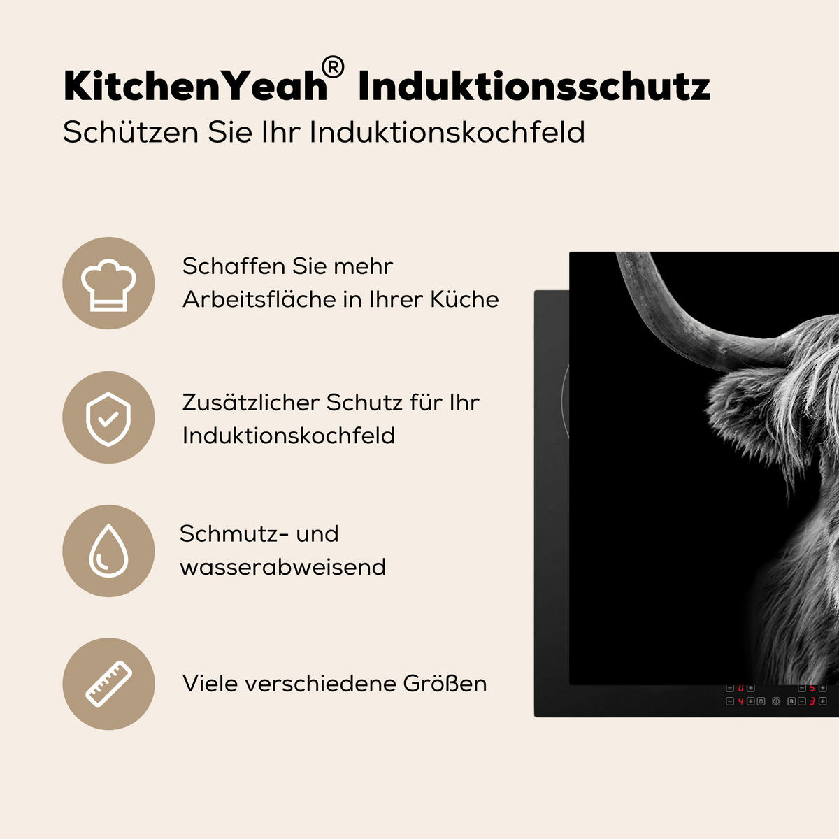 HERDABDECKPLATTE Schottischer Highlander - Hörner - Schwarz - Weiß - Kuh - Wild - Tiere Induktionsschutz 81.6x52.7 cm - Schwarz, Kunststoff (81.6/52.7/0.2cm) - MuchoWow
