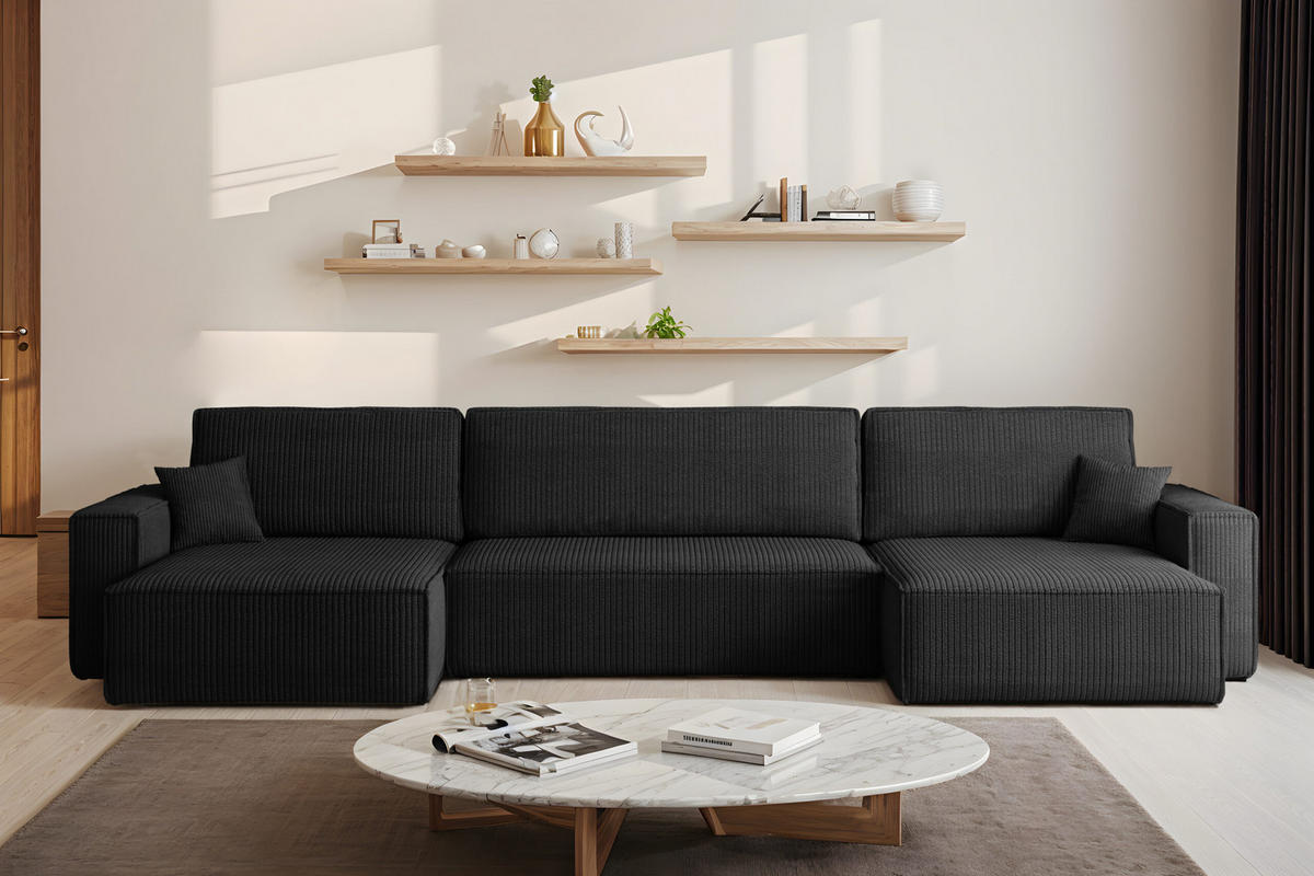 ECKSOFA Mit Schlaffunktion Und Bettkasten BEST U XL Stoff Poso Schwarz - Schwarz, Holz (142/372cm) - Kaiser Möbel