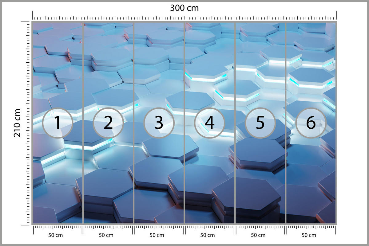 FOTOTAPETE für Jugendzimmer Blaue Neon Hexagone Formen Geometrie 300x210 - Blau/Weiß, Papier (300/210cm) - Muralo