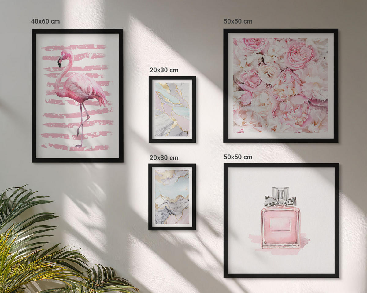 BILDER SET 5er Set - 50x50 cm & 20x30 cm & 40x60 cm Schwarzer Rahmen - Rosa Blumen Marmor Pastell - Schwarz, Kunststoff (40/60cm) - TULUP
