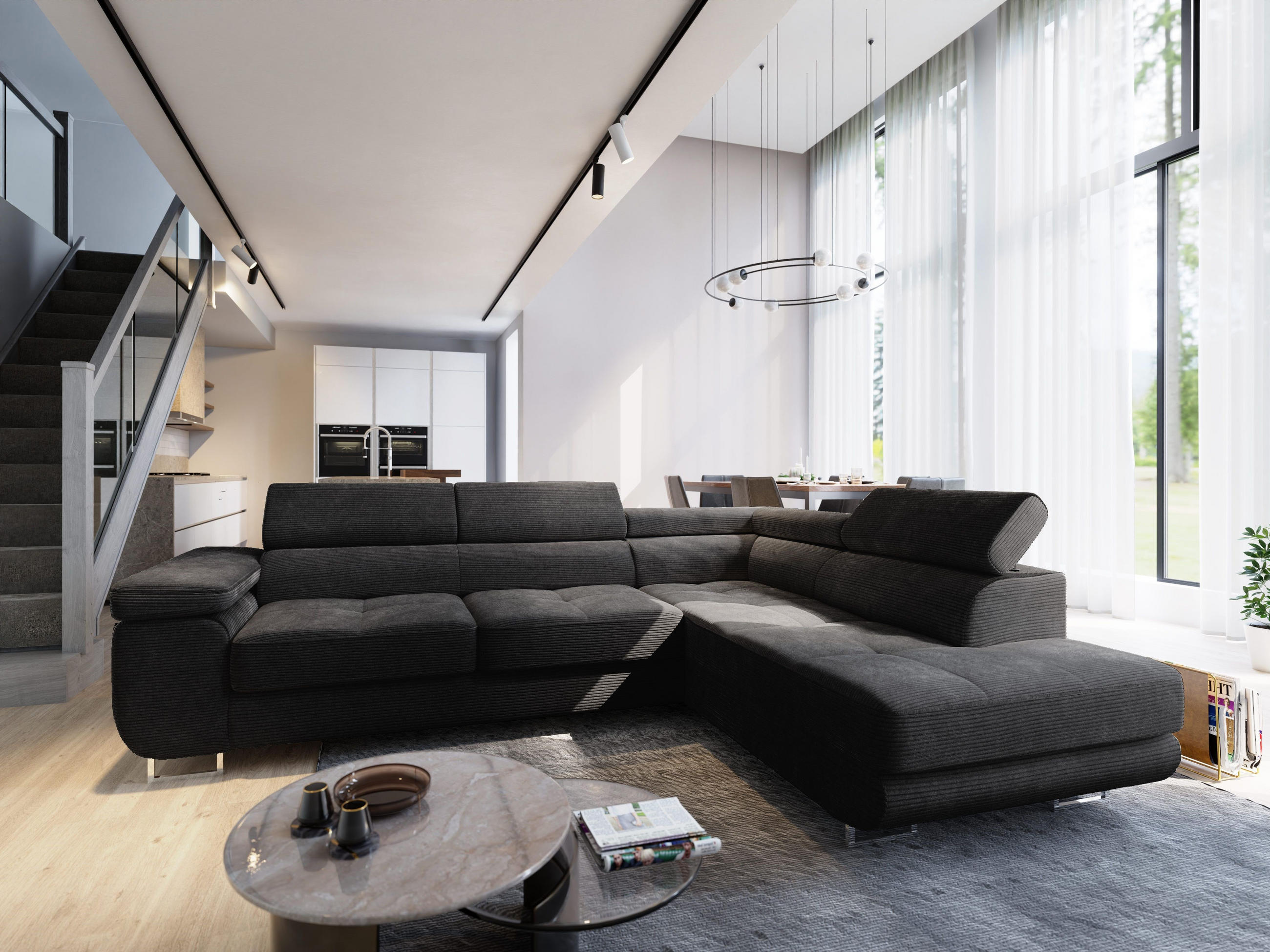 ECKSOFA APIRO R-S Schwarz Kordstoff mit Schlaffunktion - Schwarz, Holz (276/202cm) - MASSENO