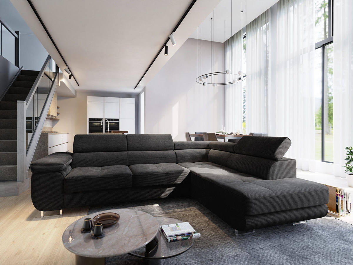 ECKSOFA APIRO R-S Schwarz Kordstoff mit Schlaffunktion - Schwarz, Holz (276/202cm) - MASSENO