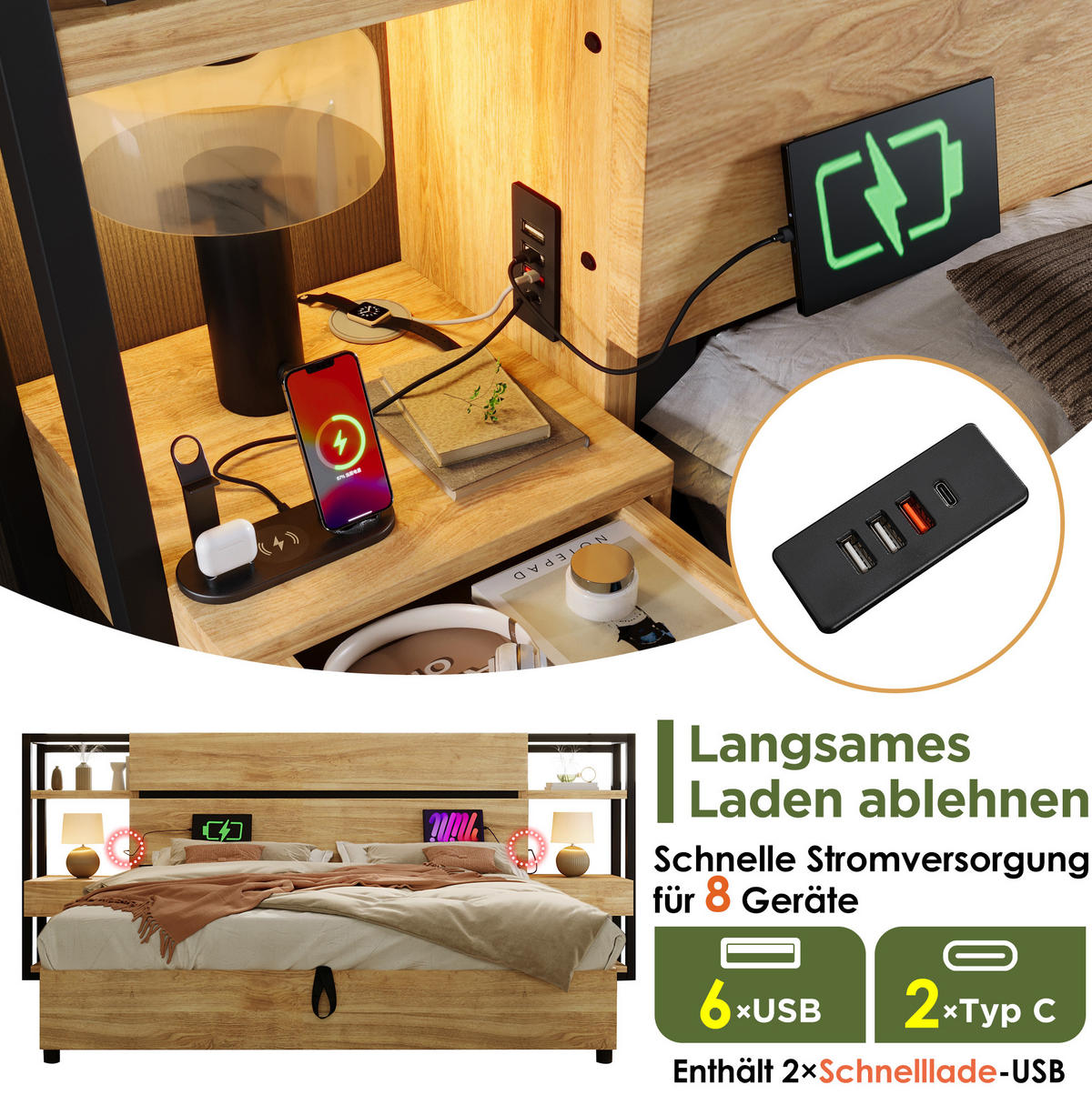 POLSTERBETT 180/200 cm Eiche aus MDF und Metall mit Stauraum und Ladestation - Eichefarben, Holzwerkstoff (180/200cm) - OKMYHOME