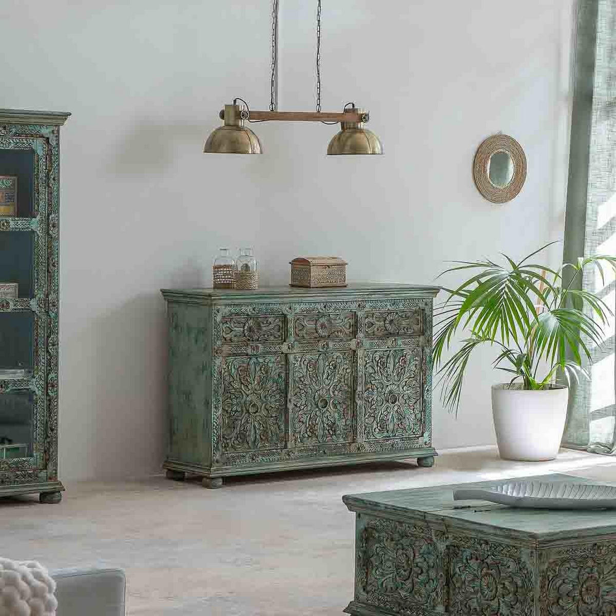 ANRICHTE aus Geschnitztes Holz, grün, 147x45x96 - Multicolor, Holz (147/96/45cm) - Wanderlust