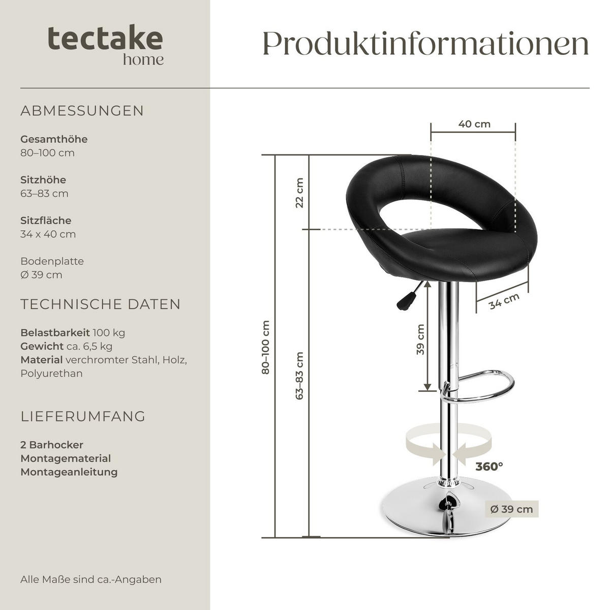 BARHOCKER 2er Set Christian, Sitzhöhe 63 - 83 cm, schwarz - Schwarz, Leder/Textil (34/100/40cm) - tectake