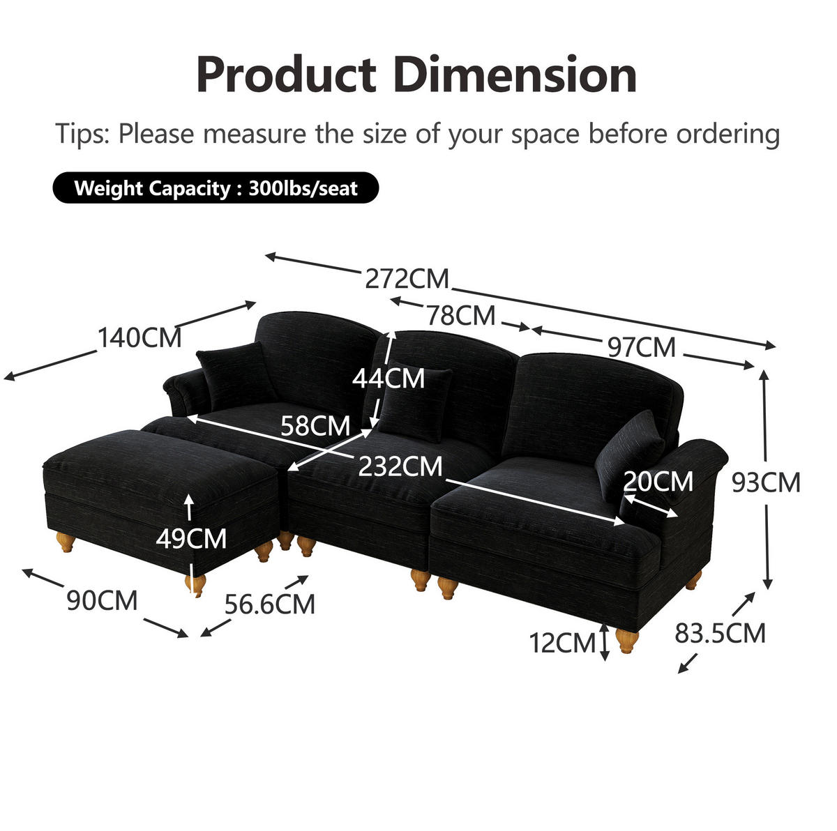 ECKSOFA 272/140/93 cm schwarz aus Chenille mit abnehmbarem Volant und beweglichem Hocker - Schwarz, Textil (140/272cm) - OKWISH