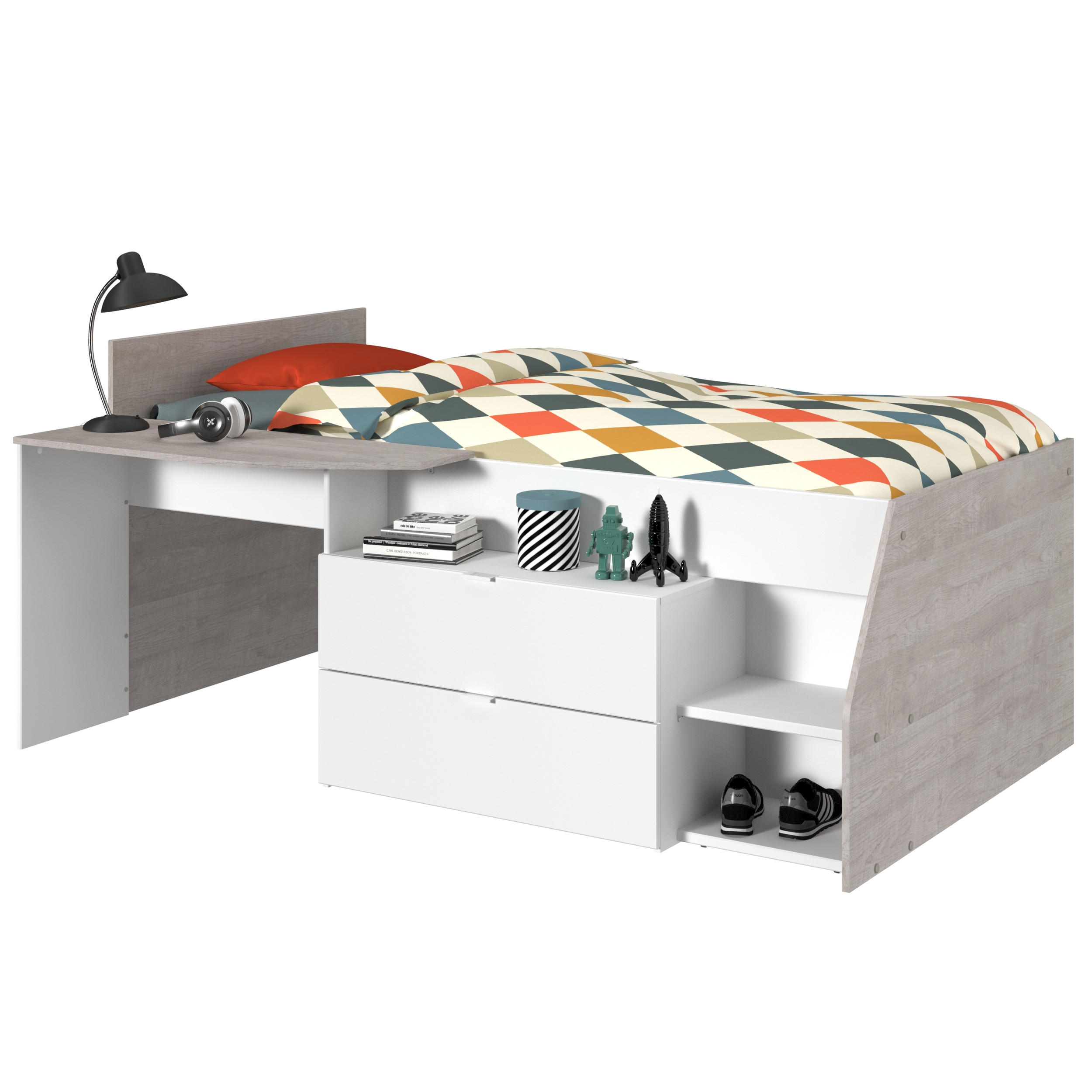 Parisot Meuble Hochbett Weiß, Hellgrau 90x200 cm