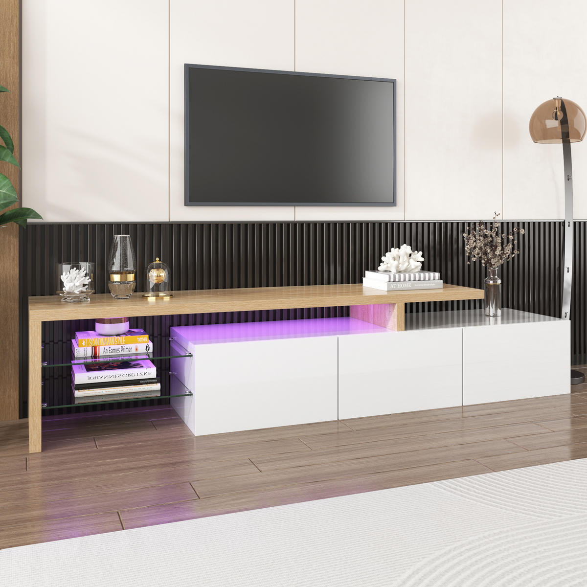 TV-SCHRANK und Glas in Weiß und Natur mit LED Beleuchtung 197.5/39/42 cm - Weiß, Holzwerkstoff (197.5/42/39cm) - Redom