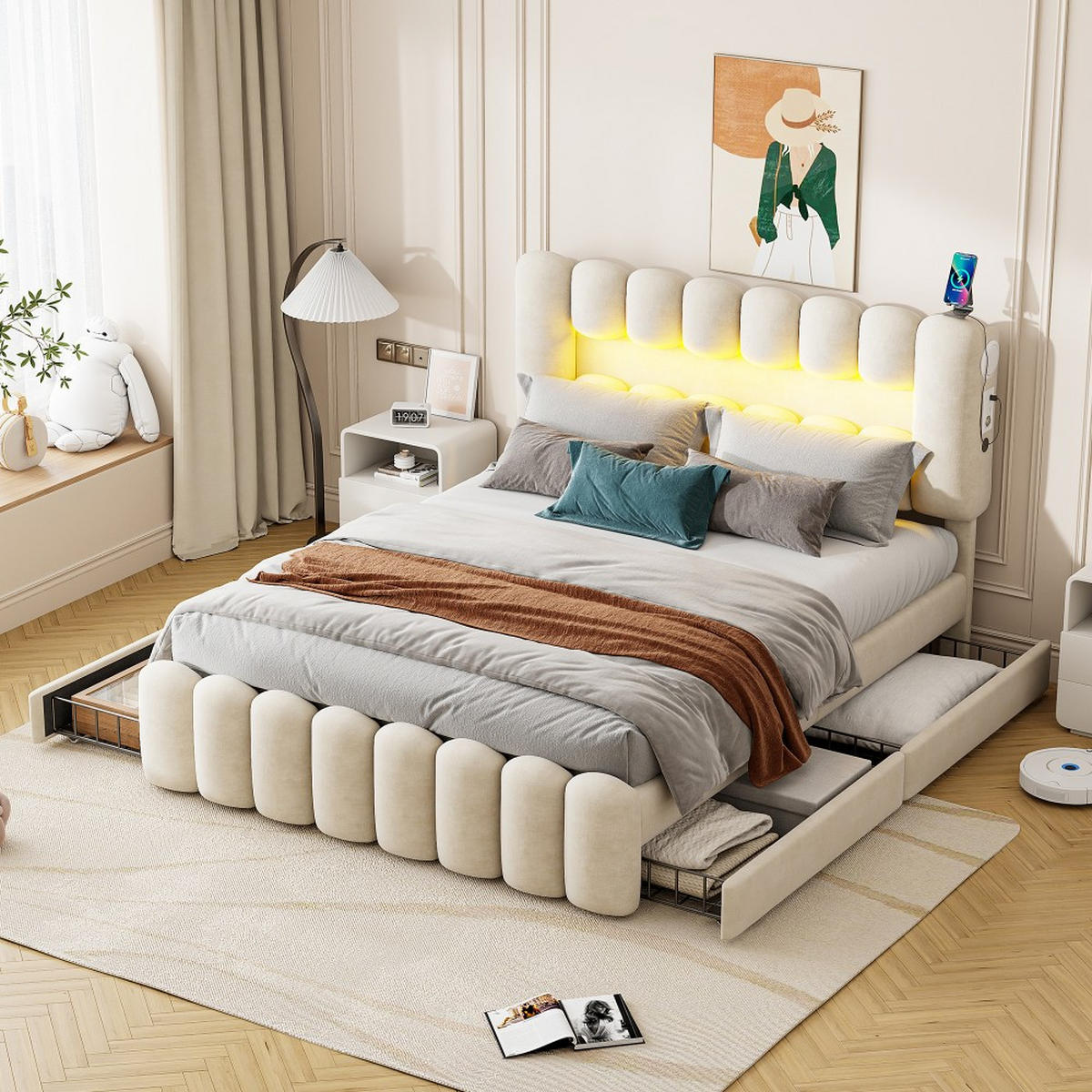 POLSTERBETT 160 x 200cm in Beige Samt mit 4 Schubladen and LED-Lichtleiste - Beige, Holz/Textil (160/200cm) - KOMHTOM