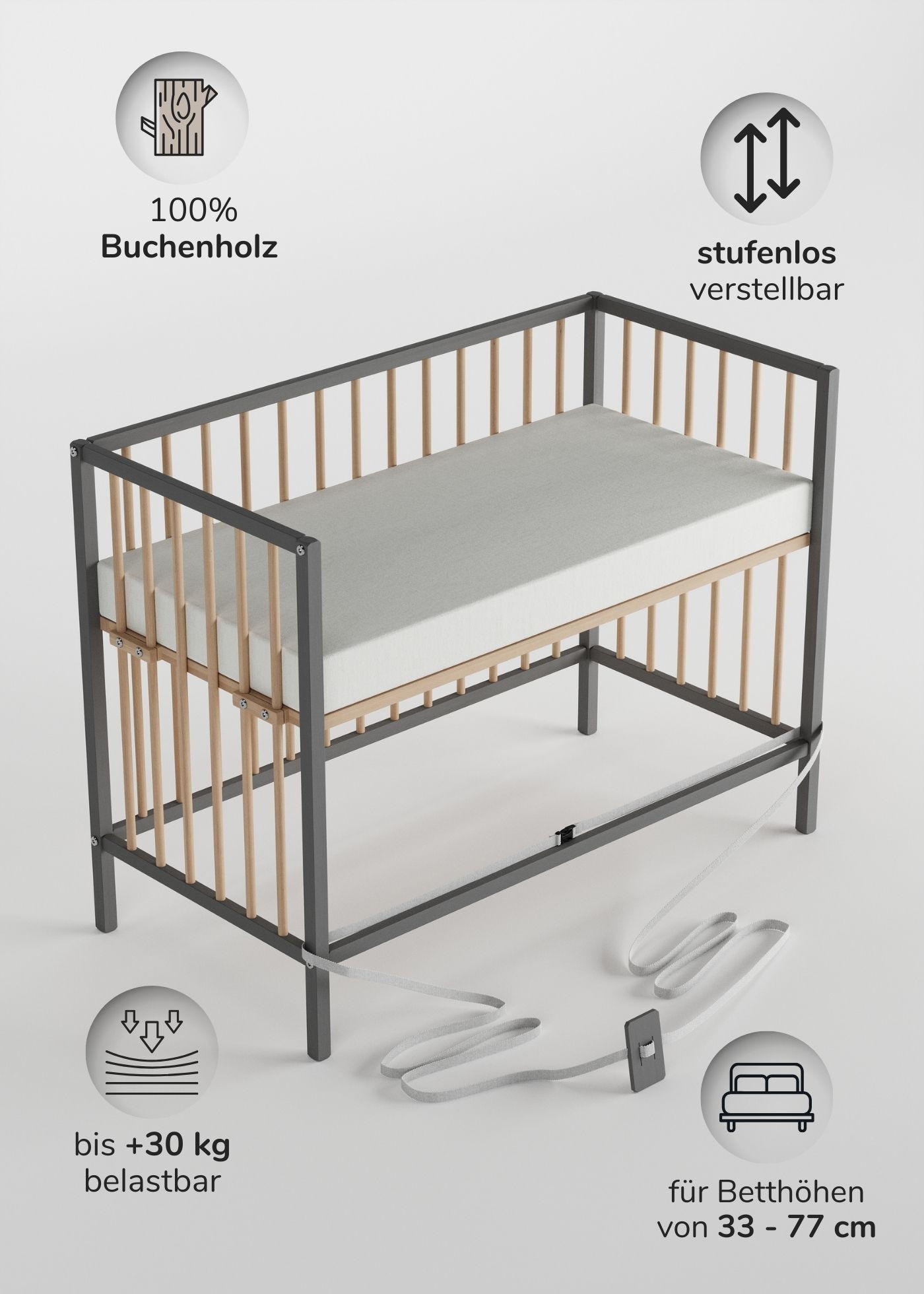 BEISTELLBETT mit Matratze & Umbauseite - grau/natur - Dreamy 4 in 1 Bett - Naturfarben/Grau, Holz (120/90/60cm) - Sämann – make a difference.