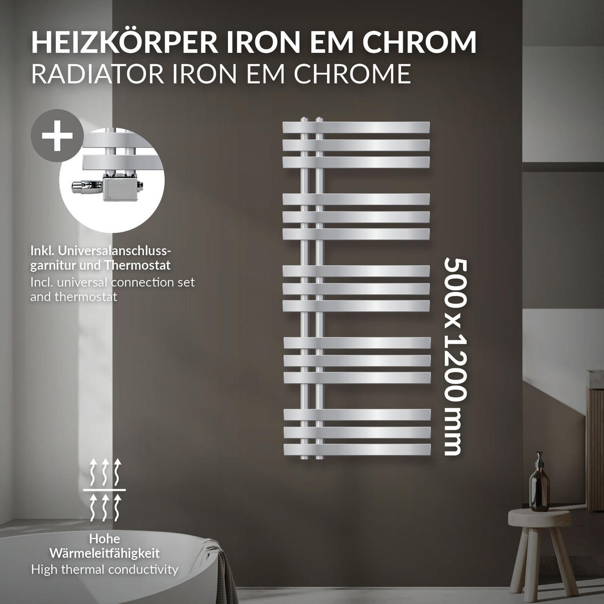 KOUPELNOVÝ radiátor Iron EM 500 × 1200 mm, chrom, s univerzálním ventilem - chromová, kov (50/120/3cm) - LuxeBath