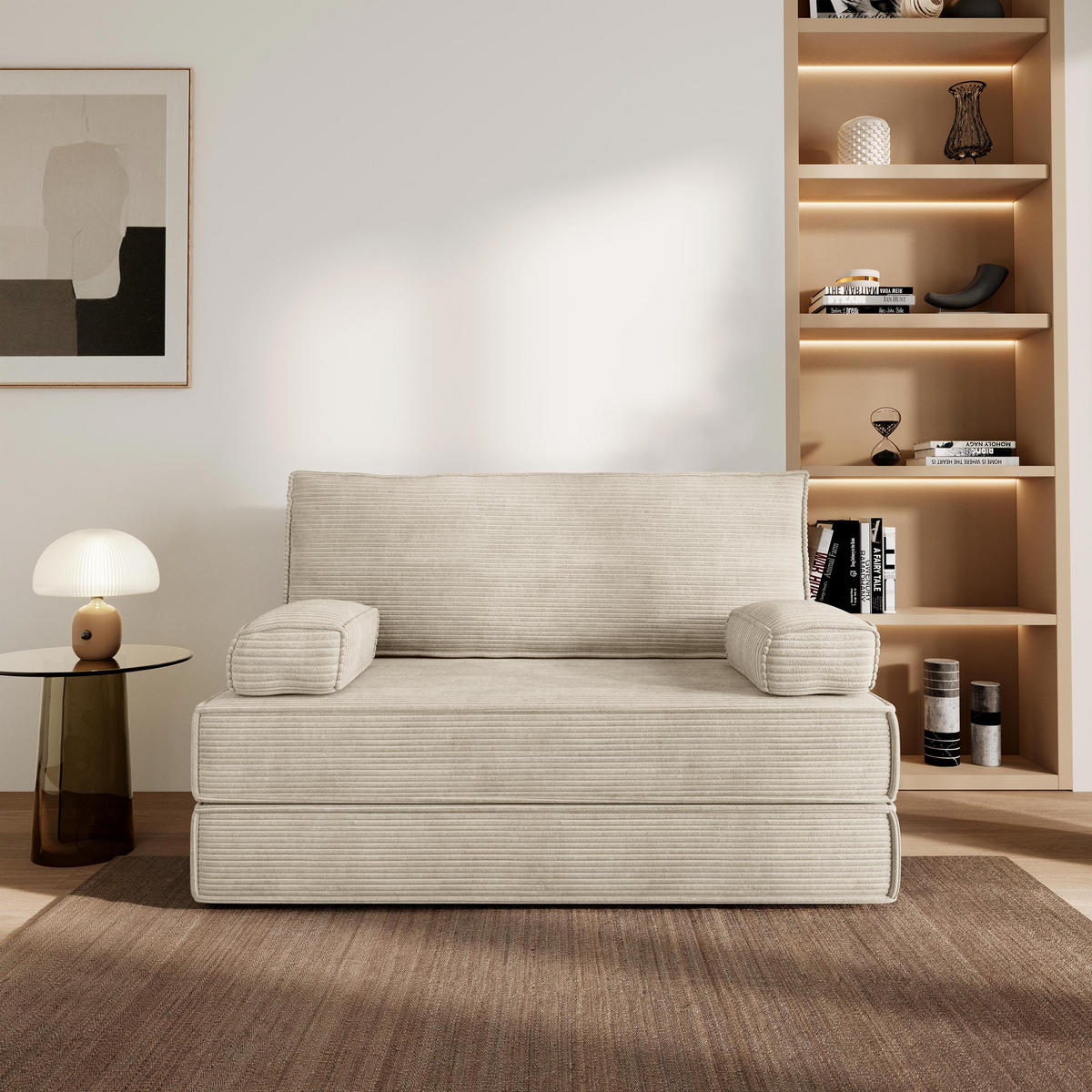BETTSOFA LADIA aus Schaumstoff Cordstoff Creme Schlaffunktion - Creme, Textil (140/86/60cm) - MASSENO