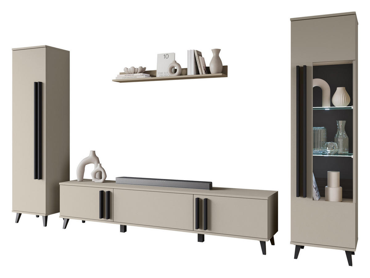 WOHNWAND Helsinki II mit weißer LED Beleuchtung - Beige/Schwarz, Holzwerkstoff/Kunststoff (180/70/33cm) - MIRJAN24