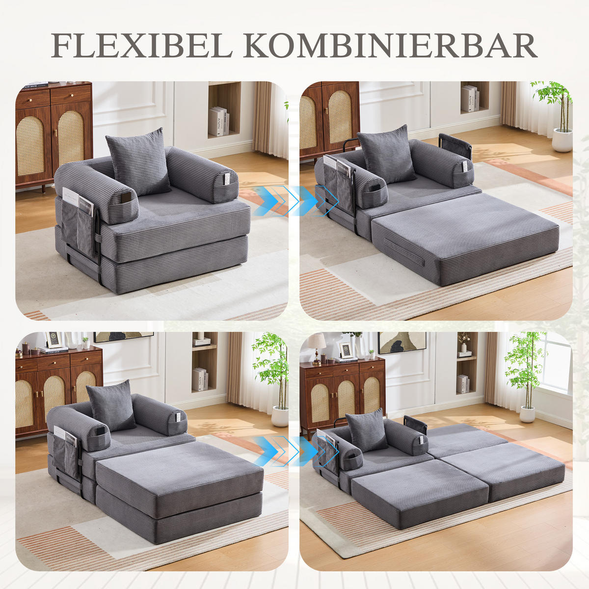 SOFA Cord Dunkelgrau mit Hocker, Kissen und Seitentasche - Dunkelgrau, Textil/Metall (112/67/190cm) - WISHDOR