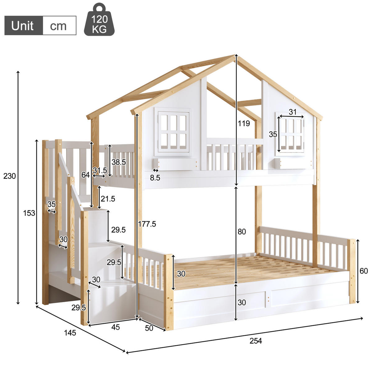 ETAGENBETT 90/200 + 140/200 cm mit hydraulischem Stauraum, LED und Stauraumtreppe aus Kiefernholz, Weiß - Weiß, Holzwerkstoff (90/200cm) - Redom
