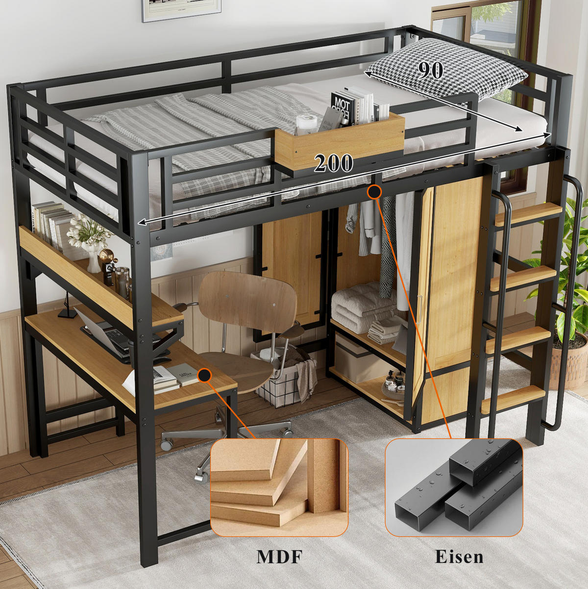 HOCHBETT 90/200 cm aus Metall und MDF mit Schreibtisch und Kleiderschrank Schwarz/Natur - Schwarz, Metall (90/200cm) - Modenvie