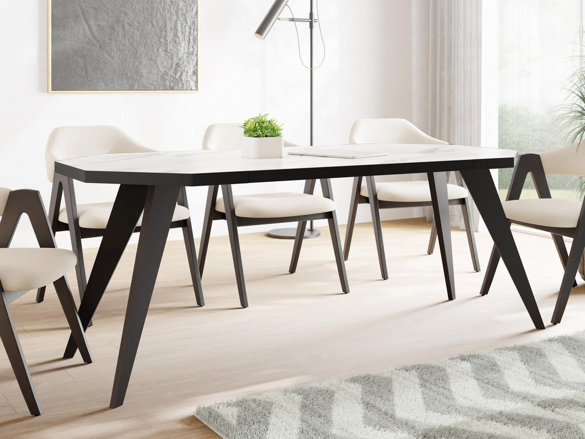 ESSTISCH Diamond Black achteckiger ausziehbarer, Marmor Weiß 100-200/100/76 cm - Ecru/Schwarz, Holz/Holzwerkstoff (100/100/77cm) - WFL GROUP
