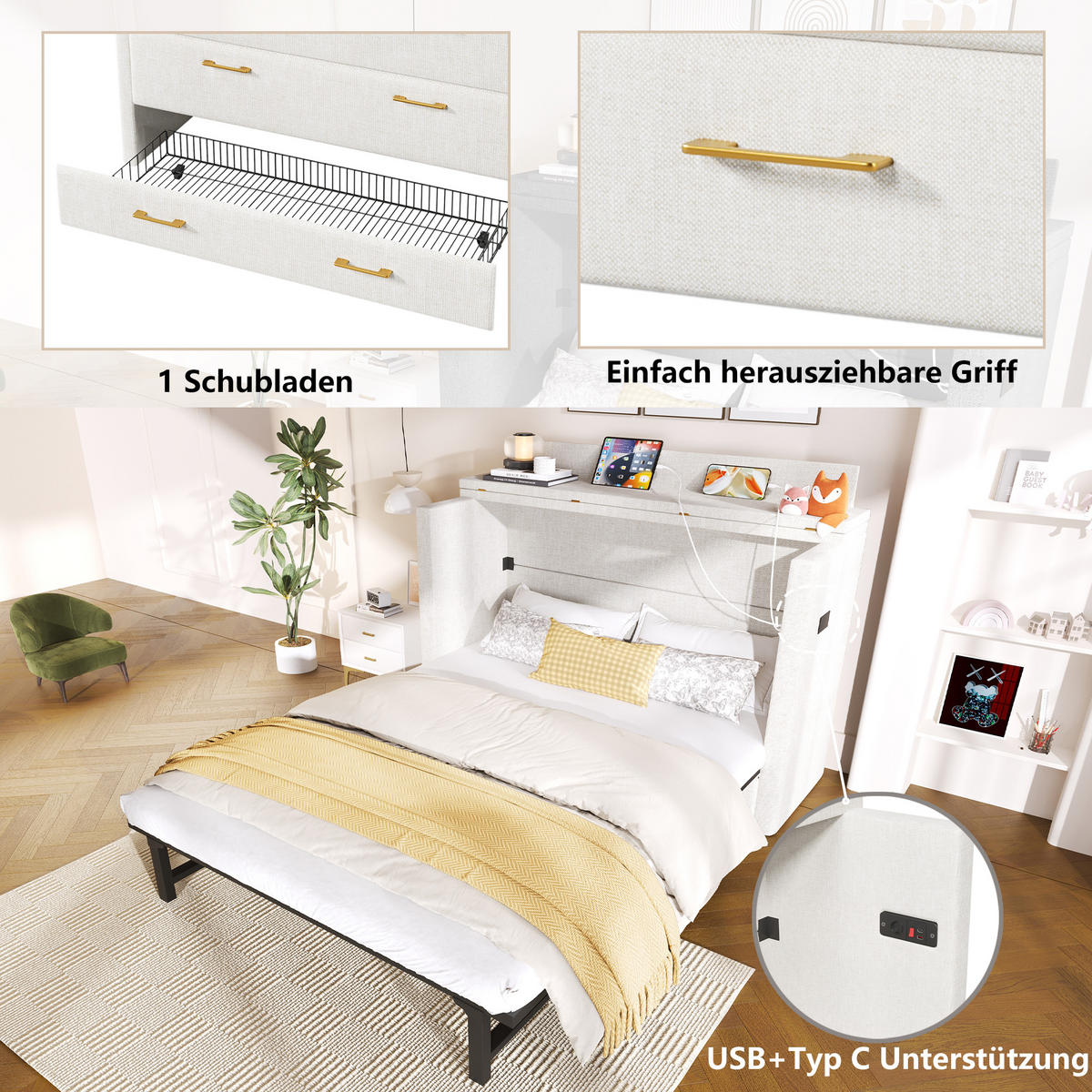 SCHRANKBETT 140/200 cm in Beige Leinen mit Schublade, USB und Type-C - Beige, Holz/Holzwerkstoff (140/200cm) - WISHDOR