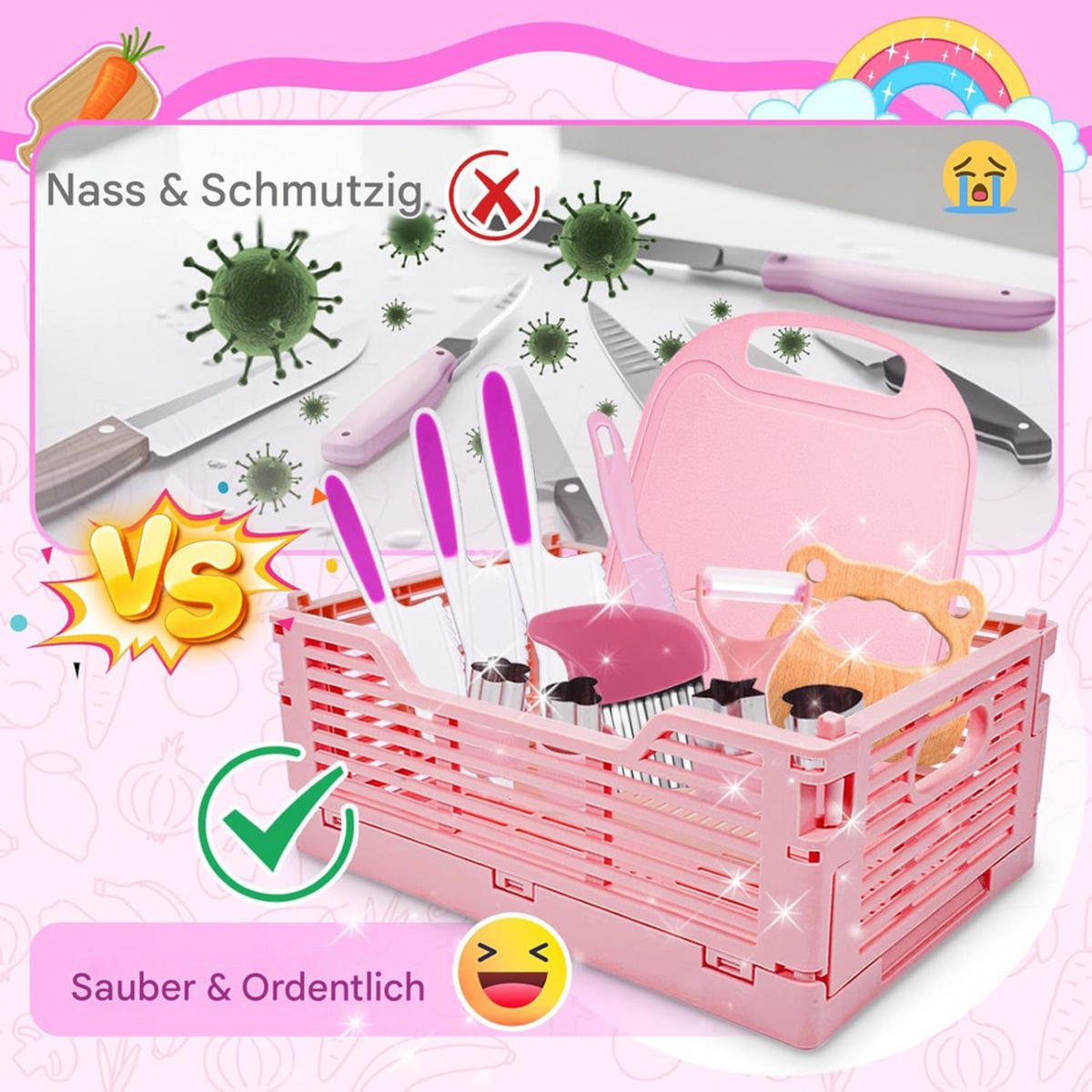 KINDERKÜCHE Messerset, Montessori Werkzeuge, mit Korb Aufbewahrung - Pink, Kunststoff (21/31/4cm) - Authentics