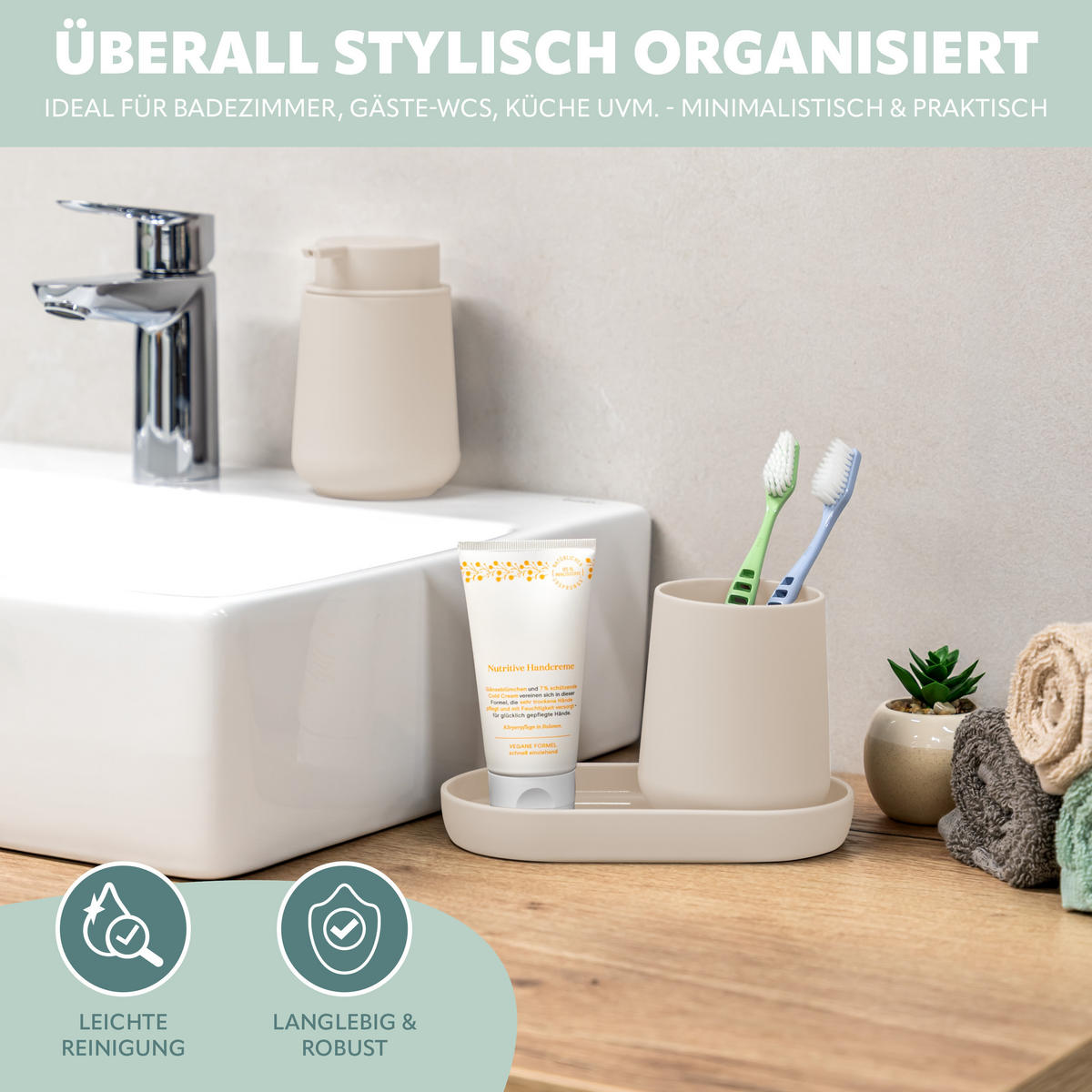 BAD-ACCESSOIRES-SET TESERO, Soft-Touch, beige - Beige, Kunststoff (18.5/13.5/10cm) - eluno