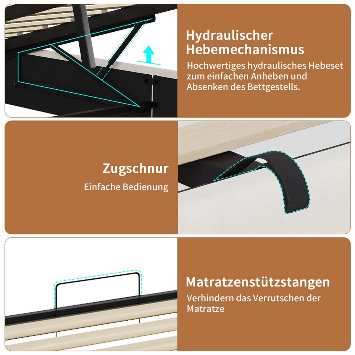 POLSTERBETT 140x200 cm mit LED-Beleuchtung - Kopfteil-Stauraum, Ladestation und hydraulischem Stauraum - Beige - Beige, Textil (140/200cm) - DELFA