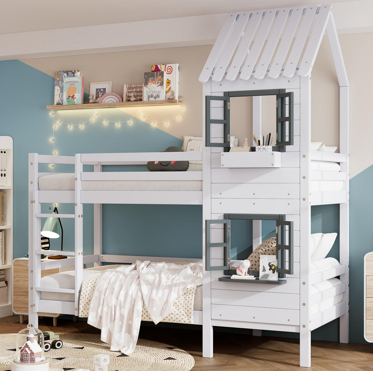 ETAGENBETT 90/200 cm in Weiß/Grau mit Fenster, Hausdesign und Fallschutz - Weiß, Holzwerkstoff (90/200cm) - OKMYHOME