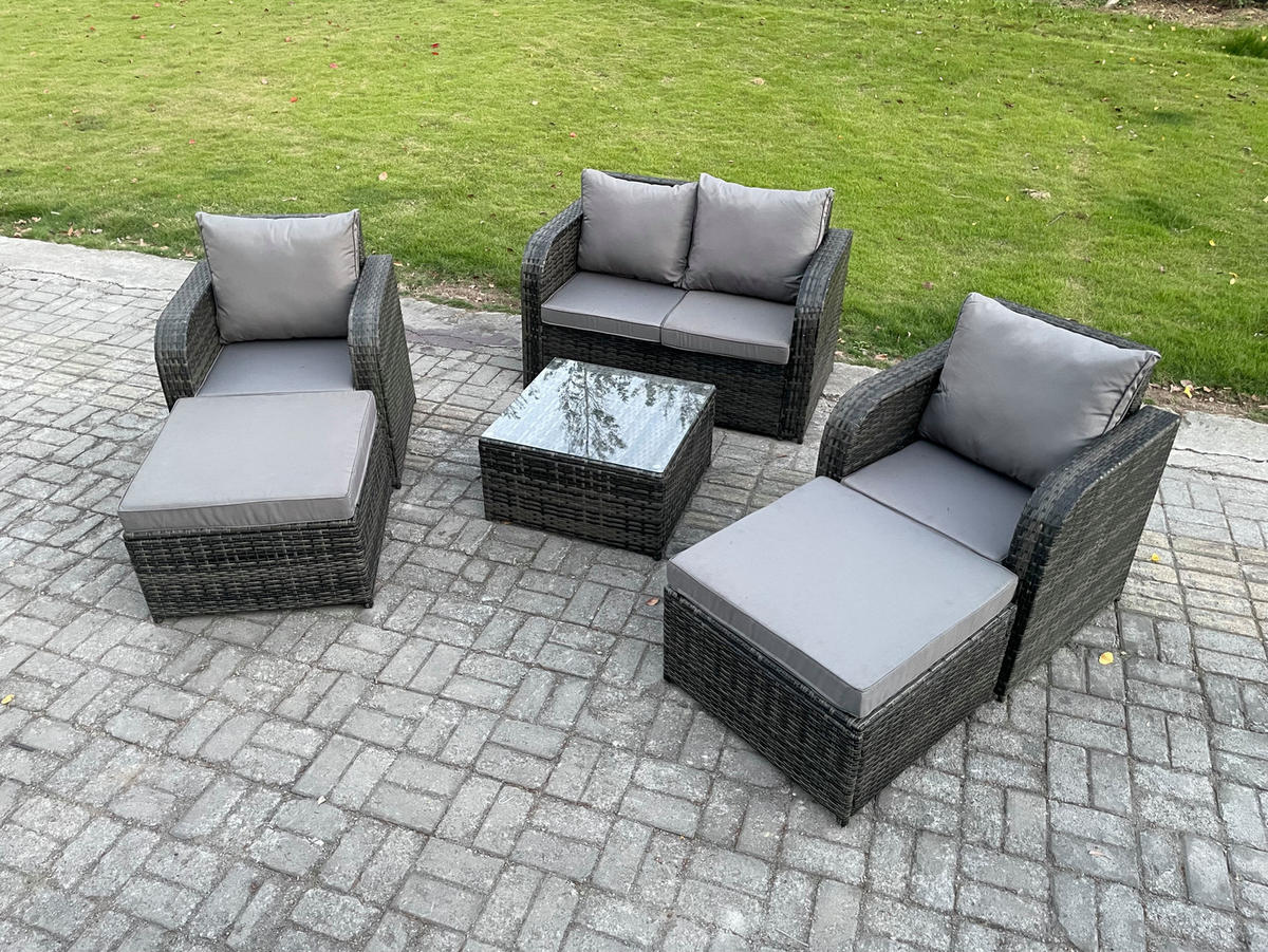 GARTENMÖBEL SET mit COUCHTISCH Polyrattan Dunkelgrau 6-Sitzer - Dunkelgrau/Grau, Glas/Kunststoff - Fimous