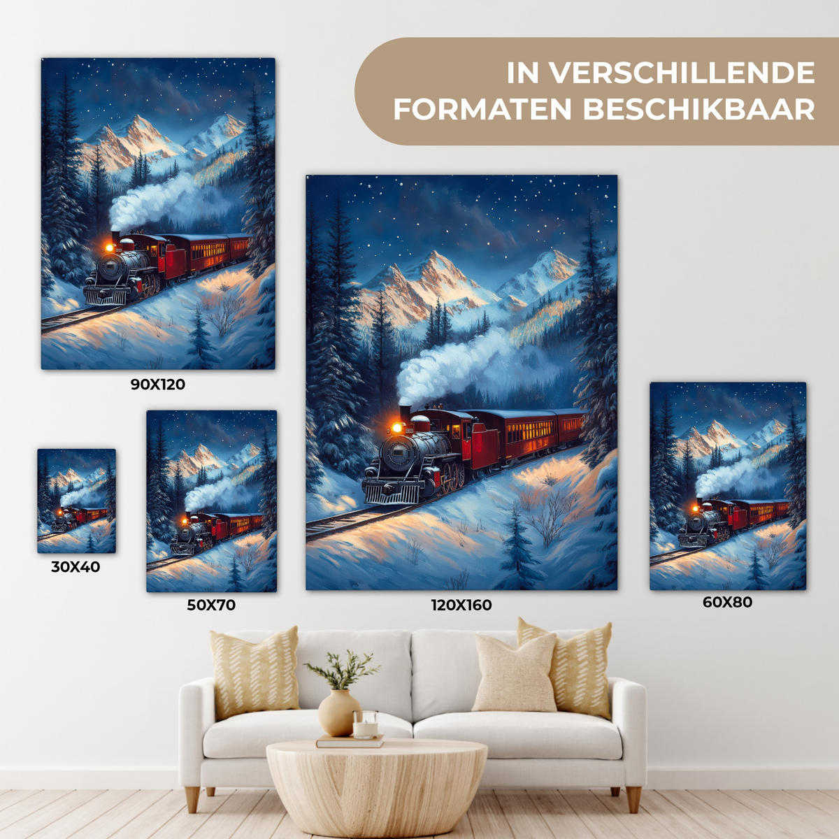 LEINWANDBILD Zug - Weihnachten - Schnee - Weihnachtszug 30x40 cm - Anthrazit, Textil (30/40cm) - MuchoWow