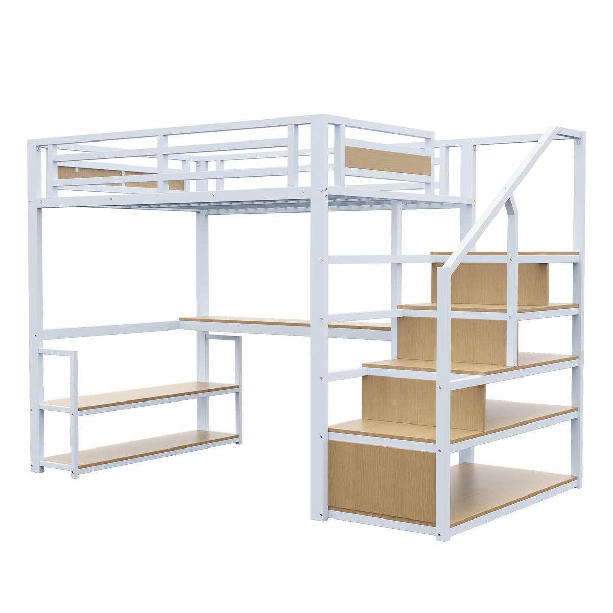 HOCHBETT 140/200 cm Weiß Metall mit Regalen und Tisch aus MDF - Weiß, Metall (140/200cm) - OKWISH