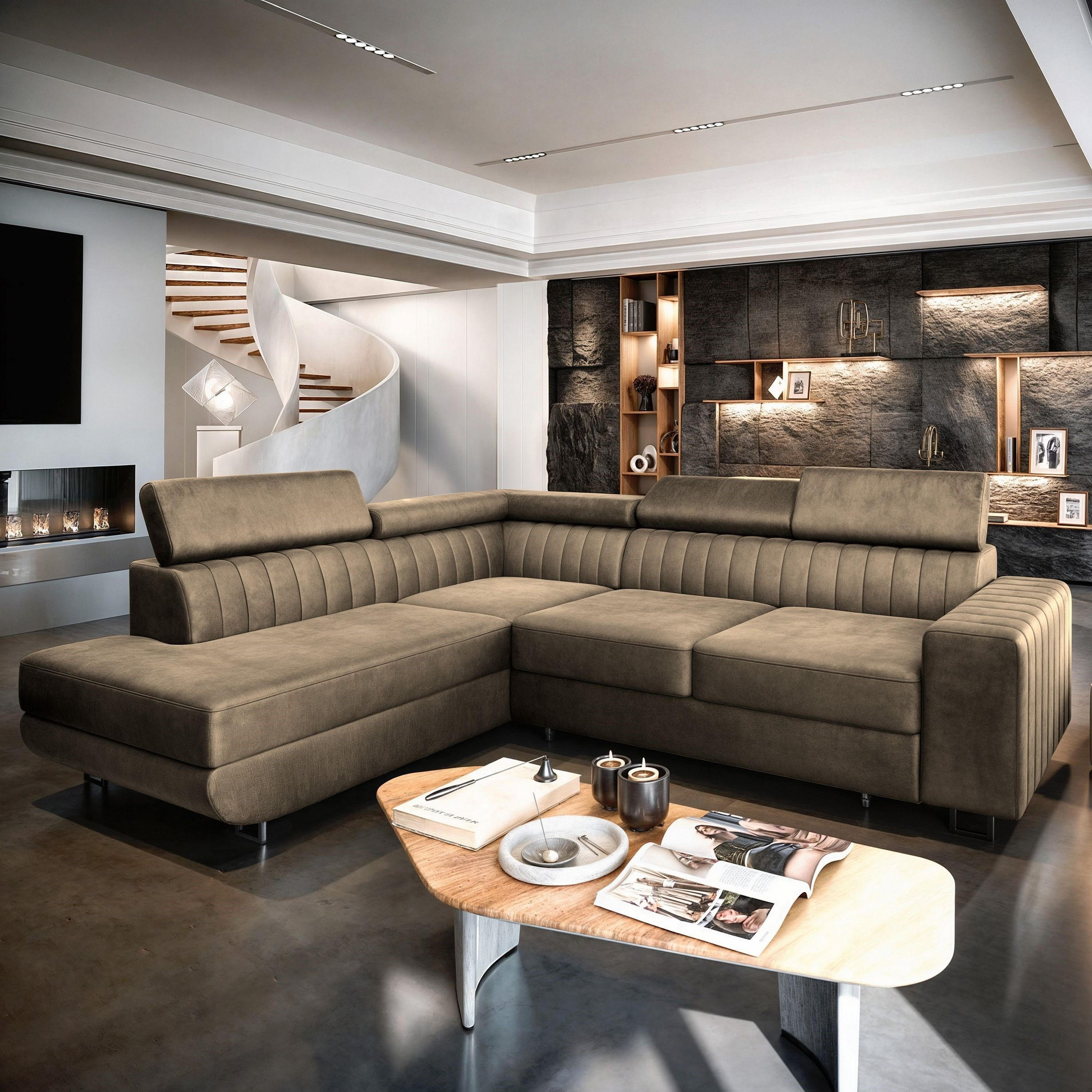 ECKSOFA NOLA L-S Beige Velours-Stoff mit Schlaffunktion - Beige, Holz (253/190cm) - MASSENO