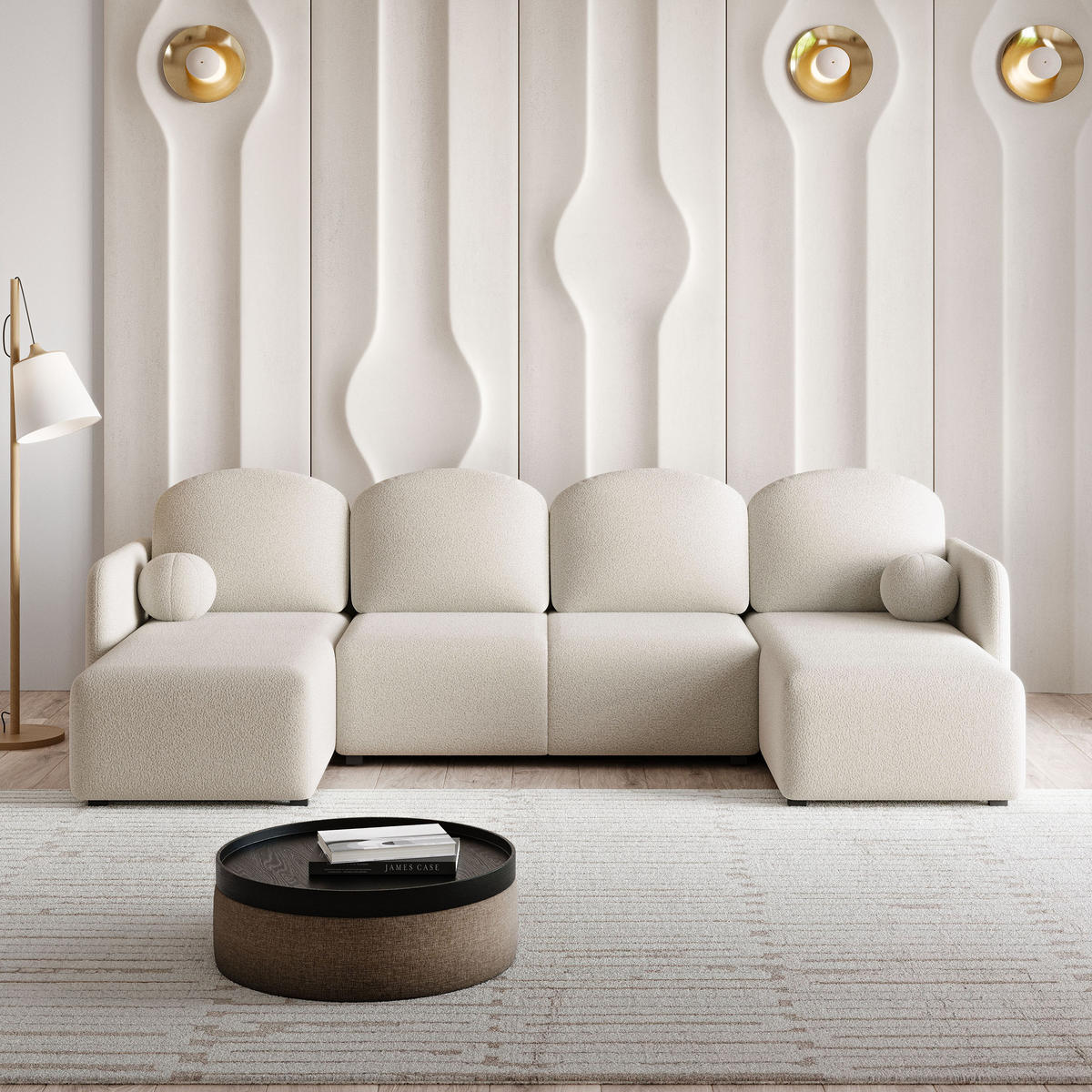 ROHOVÁ SEDAČKA NUBERO krémová - šedá/krémová, dřevo/textil (285/143cm) - MASSENO