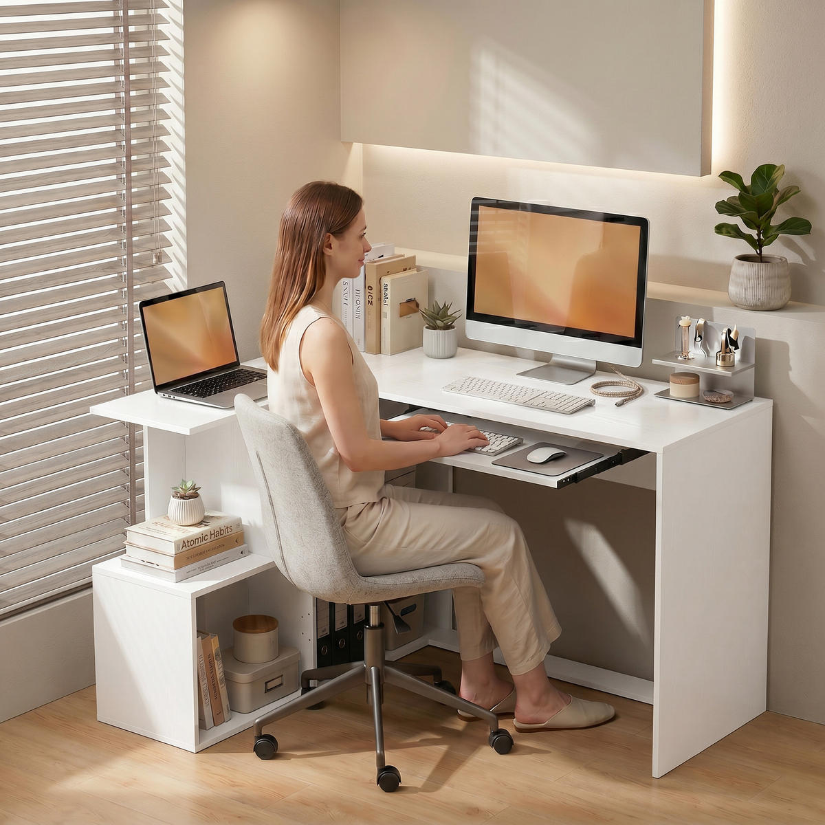 ECKSCHREIBTISCH Computertisch mit Tastaturauszug S Regal 120x100cm - Weiß, Holzwerkstoff (100/120/76cm) - Gisaae