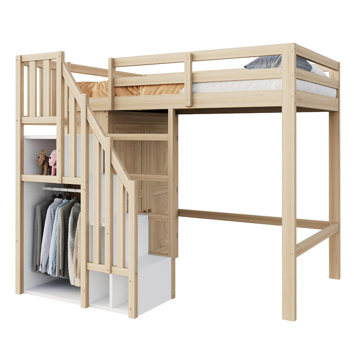 HOCHBETT 90/200 cm in Naturfarbe mit Kleiderschrank und Stauraumtreppe - Naturfarben, Holzwerkstoff (90/200cm) - Flora Grace
