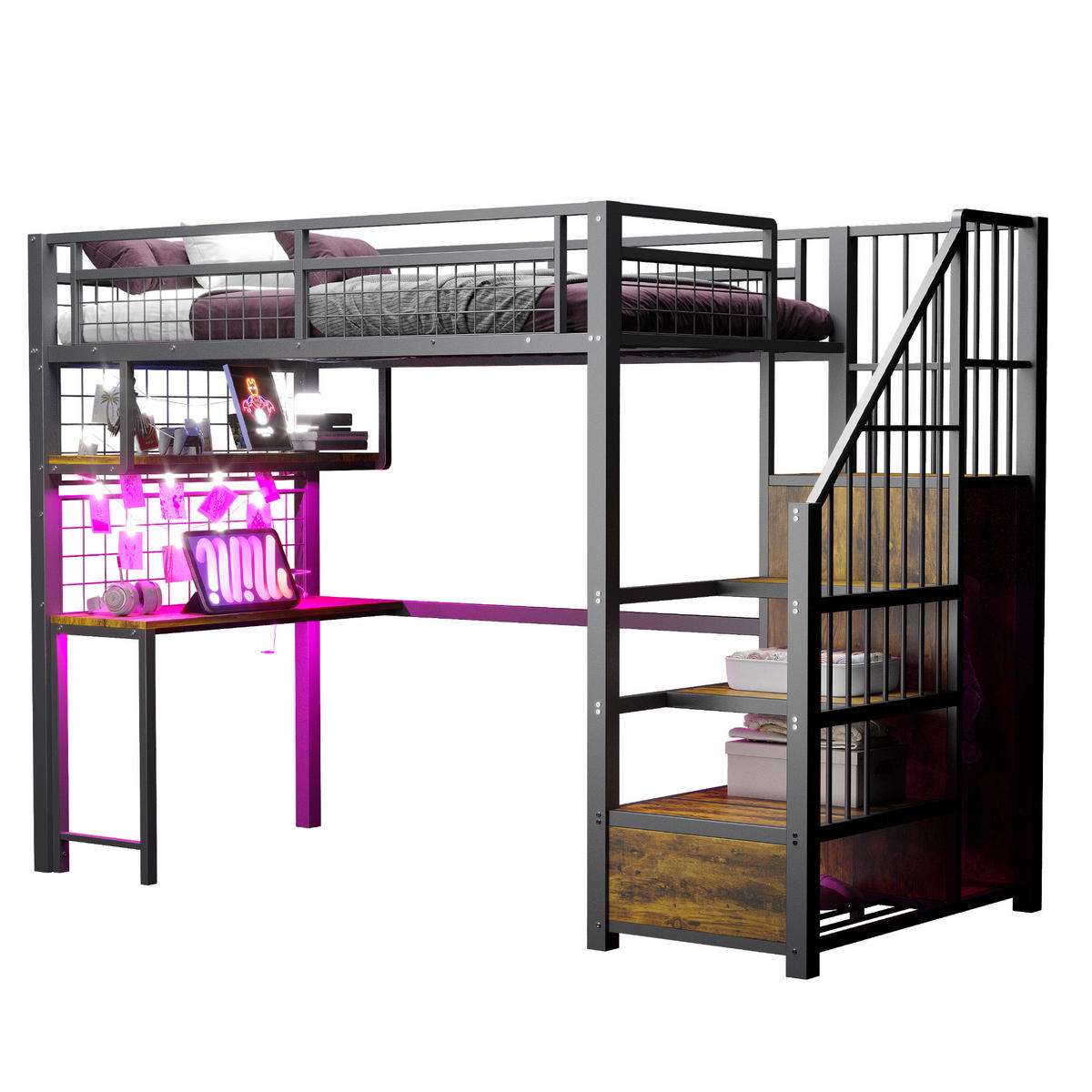 HOCHBETT 90/200 cm Schwarz mit Lichtleiste und Stauraumleiter - Schwarz, Metall (90/200cm) - OKWISH