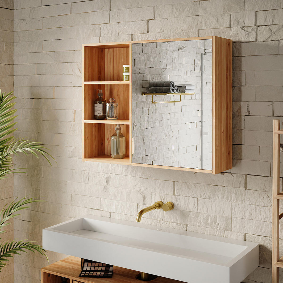 BADSPIEGELSCHRANK Lucie Bambus 74 x 60 cm mit 3 offenen Fächern - Grün, Holzwerkstoff (74/60/20cm) - Vicco