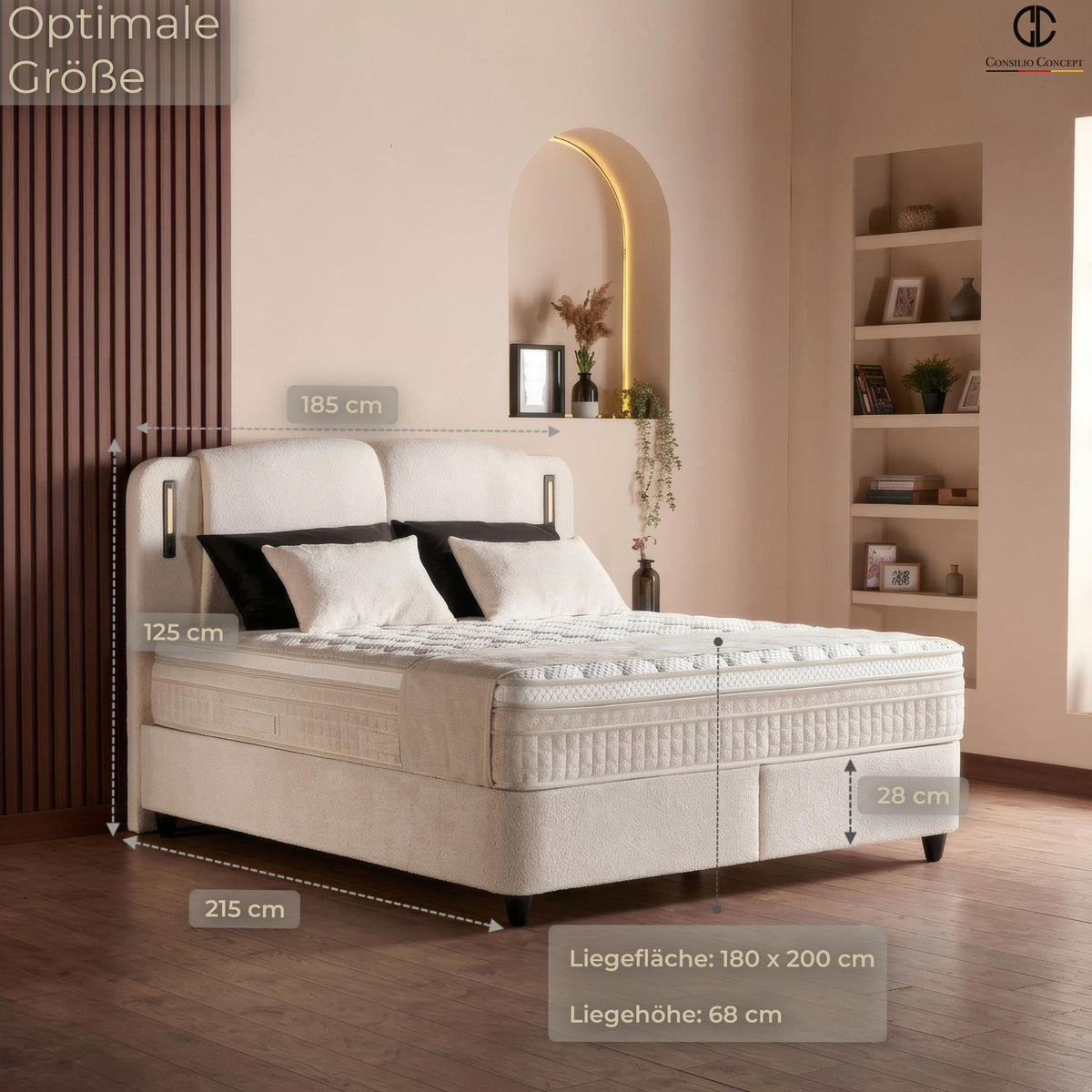 BOXSPRINGBETT MIT BETTKASTEN PORTO 180/200 cm, Beige, Bettkasten, Matratze, Topper integriert, H3 mittel 7-Zonen Matratze - Beige/Schwarz, Holz/Kunststoff (180/200cm) - Consilio Concept