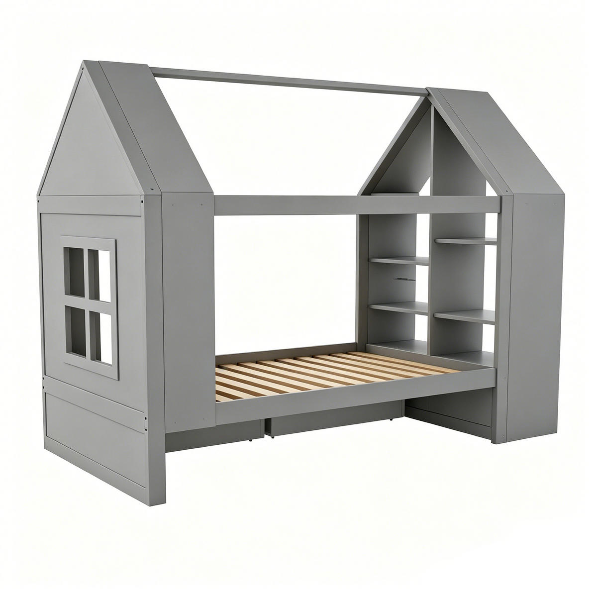 KINDERBETT 90x200 Hausdesign LED Schubladen Grau - Grau, Holz (90/200cm) - FLIEKS