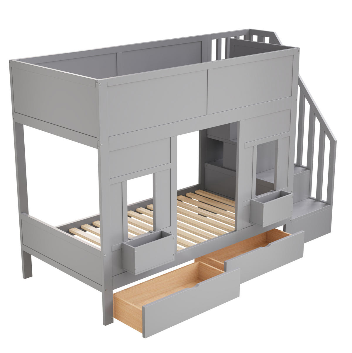 ETAGENBETT 90/200 cm mit Stauraumtreppe, Schubladen und Fensterdesign,Grau - Grau, Holzwerkstoff (90/200cm) - Redom