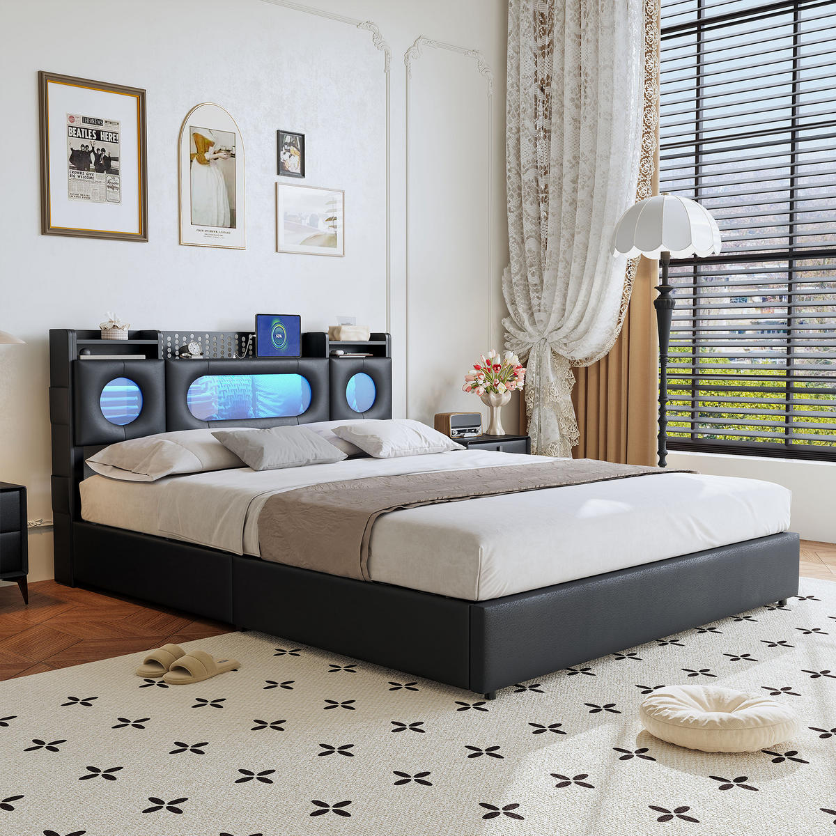 POLSTERBETT 140x200 cm LED USB Lattenrost Stauraum PU schwarz - Schwarz, Holz (140/200cm) - LEBENLANG