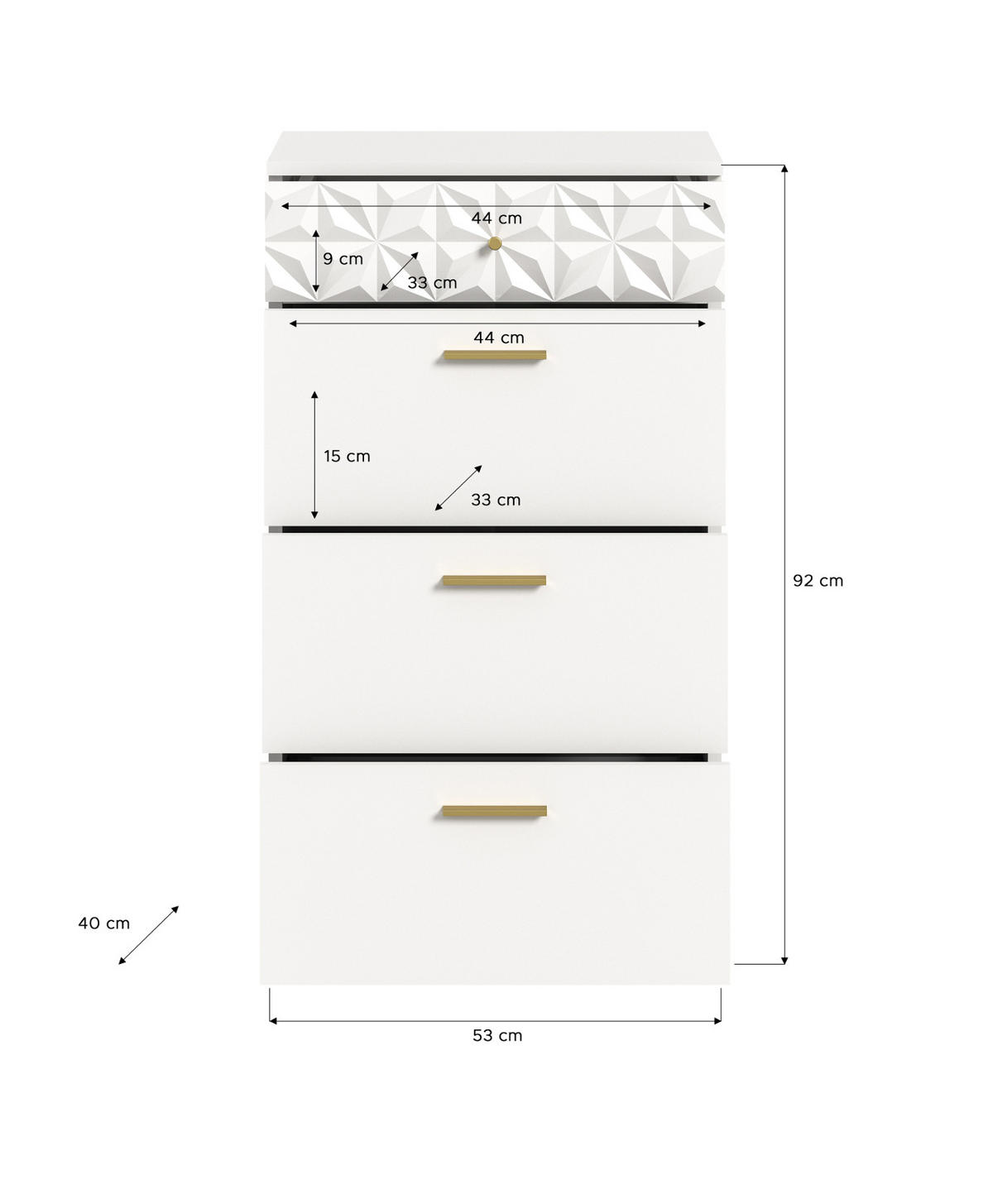 KOMMODE weiß Hochglanz 53 cm, Schubladenkommode mit 3D-Struktur - Weiß Hochglanz/Goldfarben, Holzwerkstoff/Kunststoff (53/92/40cm) - Inn.Furn