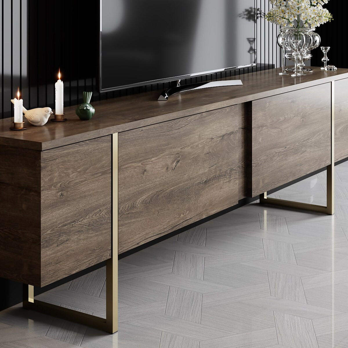 LUXUSNÍ TV stolek se 2 výklopnými dvířky, šířka 180 cm - hnědá, kompozitní dřevo (180/50/30cm) - Calicosy