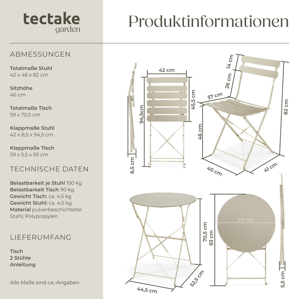 BISTROTISCH SET Frieda,Belastbarkeit Stuhl 120 kg,creme - Creme, Naturmaterialien/Textil - tectake