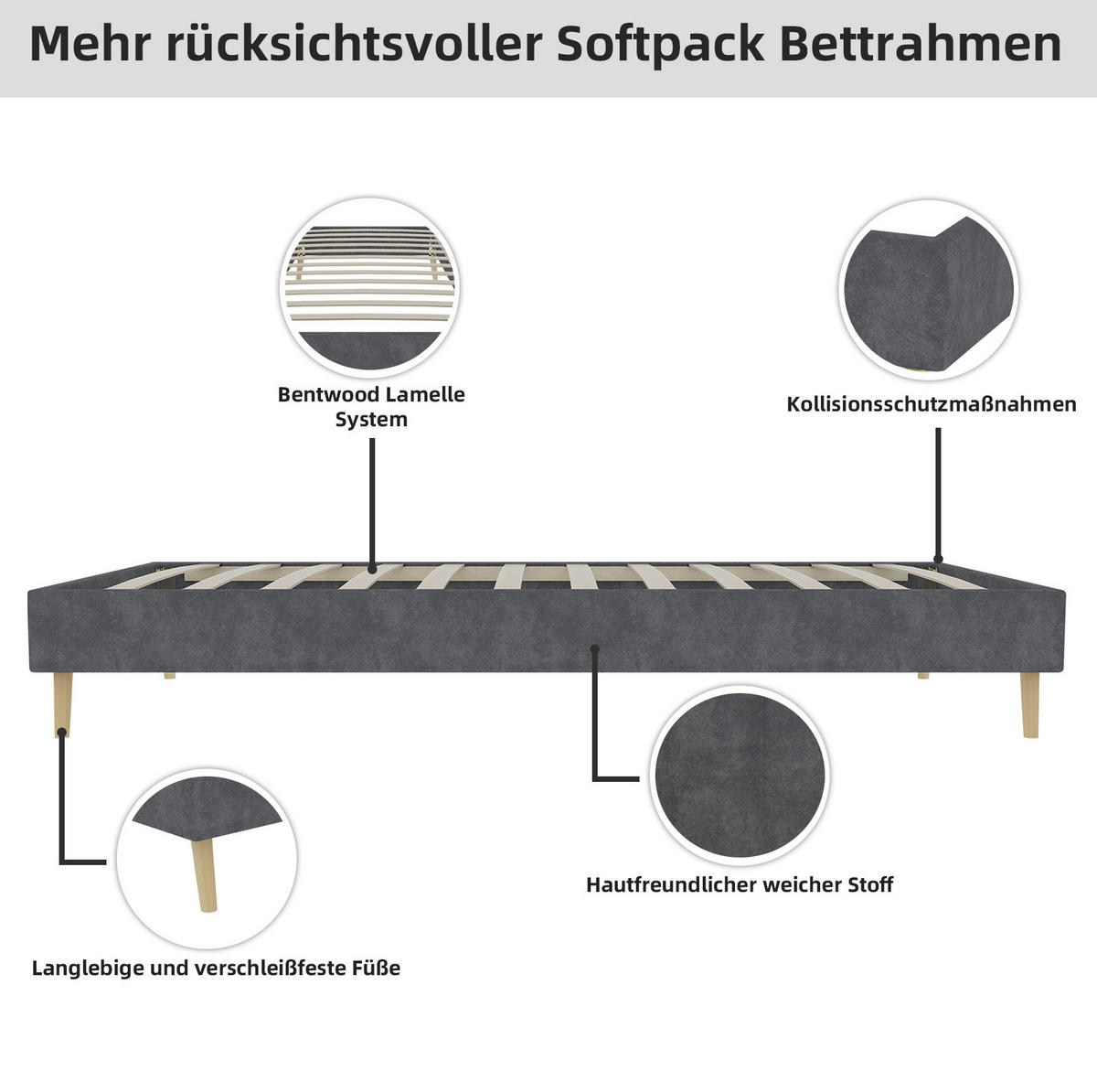 KREVET 90/200 cm, niskoprofilni dizajn bez uzglavlja, stabilna konstrukcija i mekani presvlaki, Siva - siva, tekstil (90/200cm) - Redom