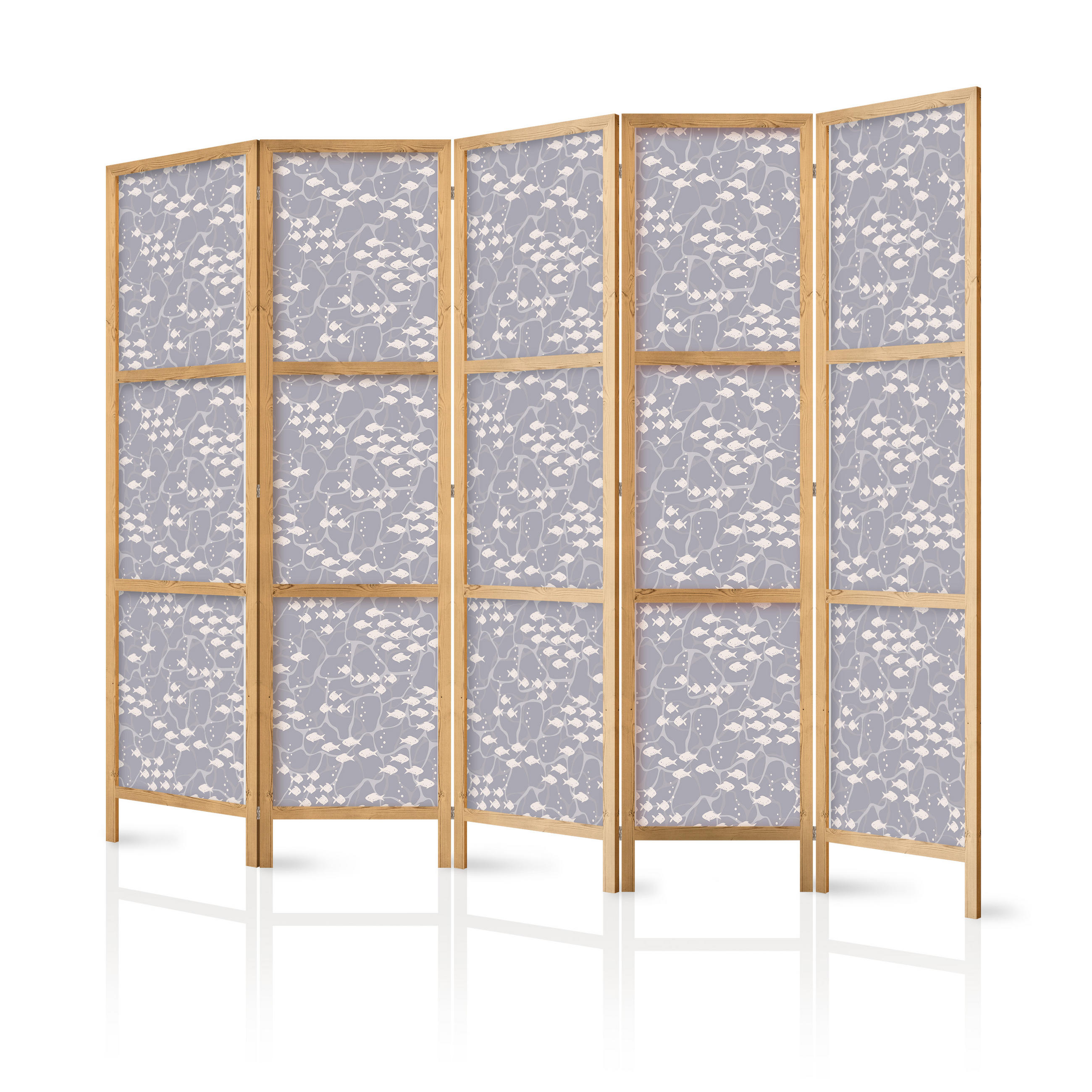 PARAVENT Japanischer 5-tlg 225x172 cm Fischschwarm - Grau, Holz/Textil (225/172/3cm) - Muralo