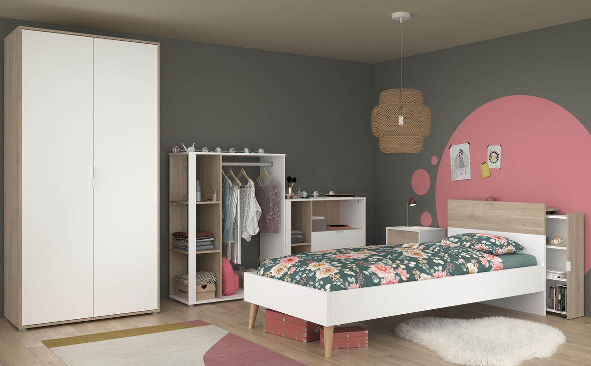 JUGENDZIMMER Aalborg 1 in Weiß und Japanischer Eiche 6 teilig von Parisot Kinderzimmer Komplett Set - Weiß, Holzwerkstoff (120/200/80cm)
