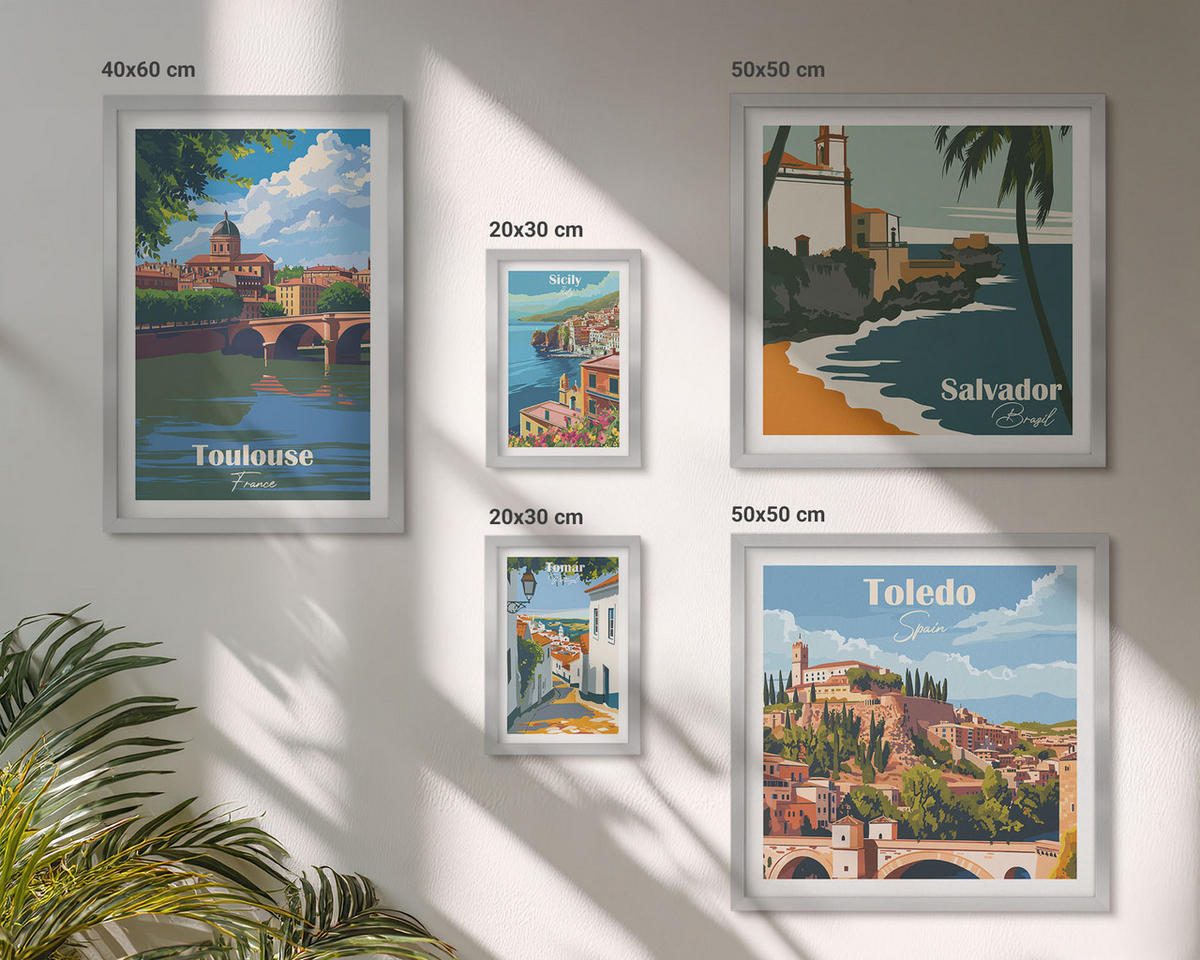 WANDBILDER 5er Set - 50x50 cm & 20x30 cm & 40x60 cm Silberner Rahmen - Illustrationen zur Retro-Architektur der Berge - Silberfarben, Kunststoff (40/60cm) - ArtPrintCave